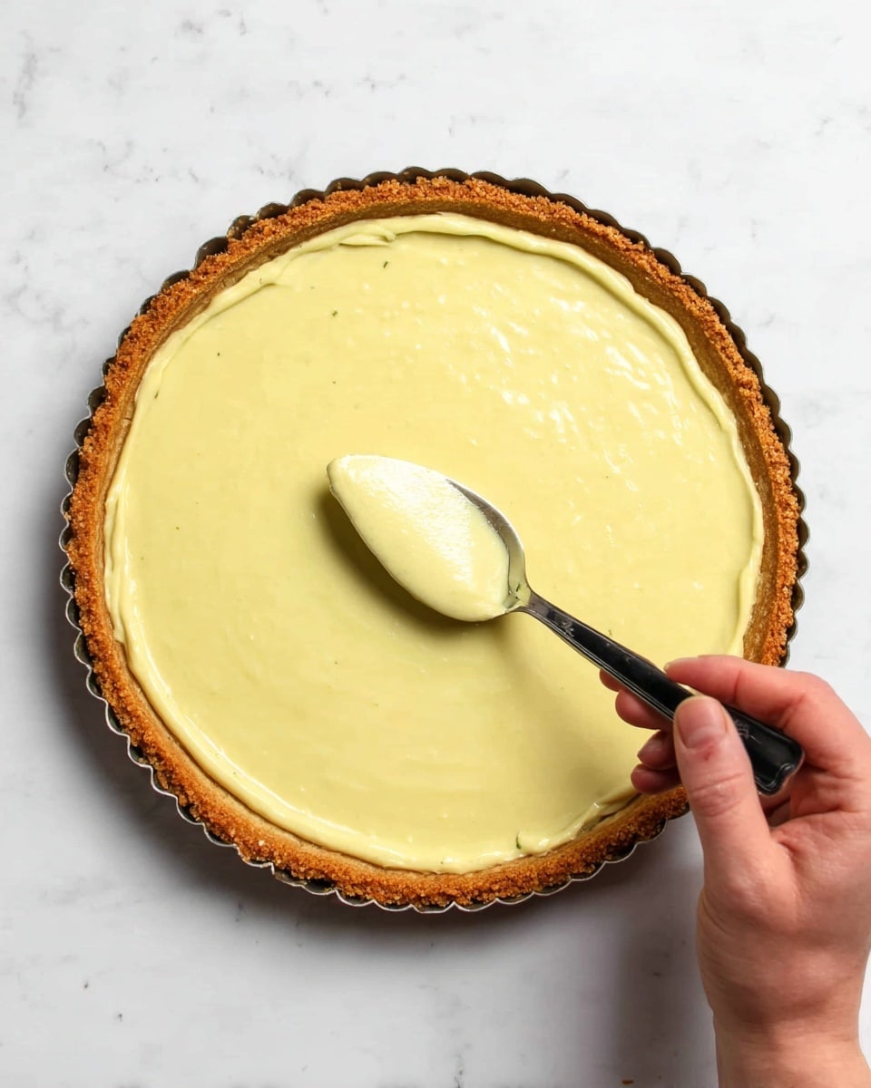 A round tart with a golden brown crust holds a smooth, pale yellow filling spread evenly across the top. A woman's hand is holding a black spoon, gently smoothing the creamy layer from the edge toward the center. The tart sits on a white marbled surface. photo taken with an iphone --ar 4:5 --v 7