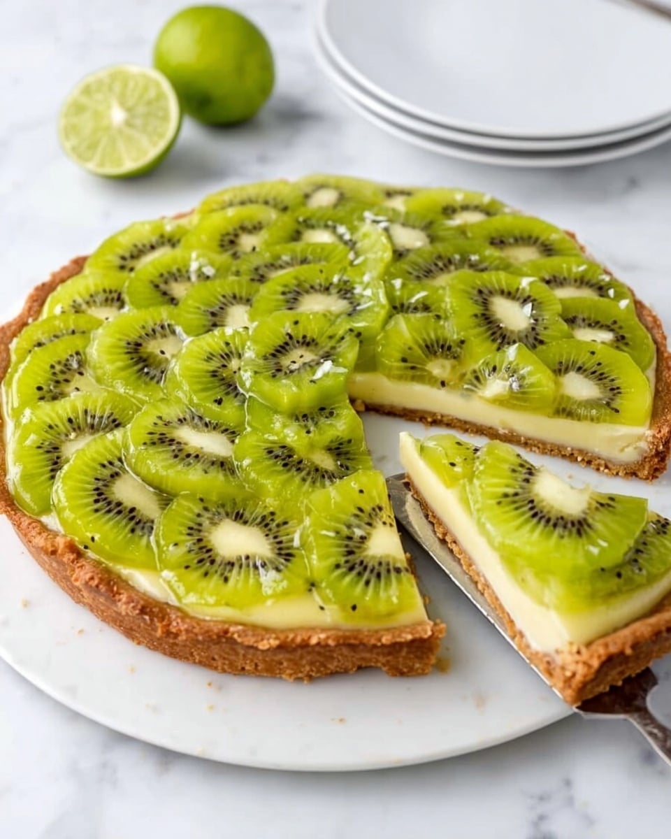 A round tart with three visible layers sits on a white plate on a white marbled surface. The bottom layer is a light brown crust, thick and firm. The middle layer is a smooth, pale yellow cream. The top layer has many bright green kiwi slices arranged in overlapping rows that cover the entire tart, with the kiwi's black seeds showing detail. One slice is removed, revealing the inside layers clearly, and a silver serving spatula lifts that slice. In the background, two halves of a lime are placed on the white marbled surface. Photo taken with an iphone --ar 4:5 --v 7