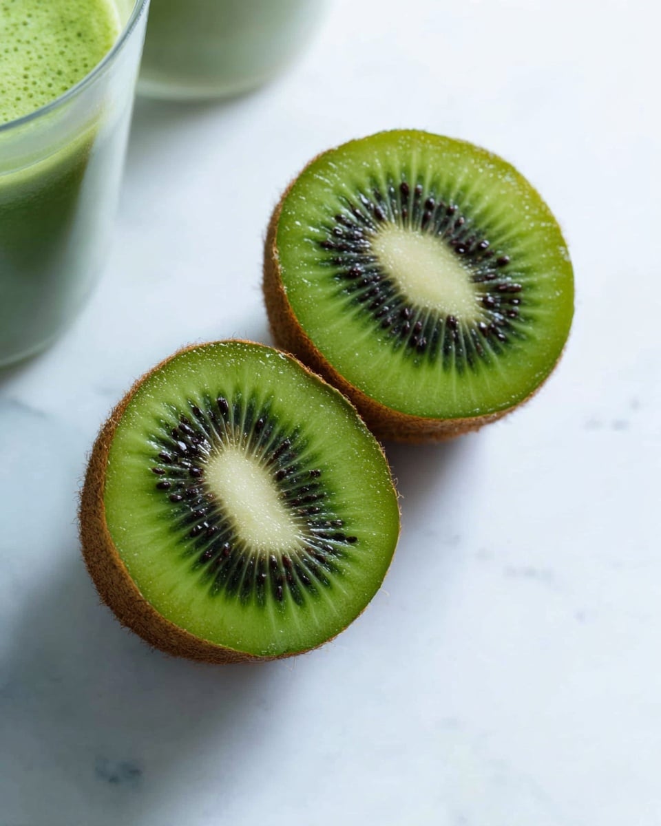The image shows two halves of a kiwi fruit lying on a white marbled surface. Each half reveals the bright green flesh with a pattern of small black seeds forming a ring around a lighter, cream-colored center. The brown, fuzzy skin of the kiwis contrasts with the vibrant green inside. In the upper left corner, parts of two green smooth drinks in white containers are partly visible. The photo has a soft natural light giving a fresh and clean look. photo taken with an iphone --ar 4:5 --v 7