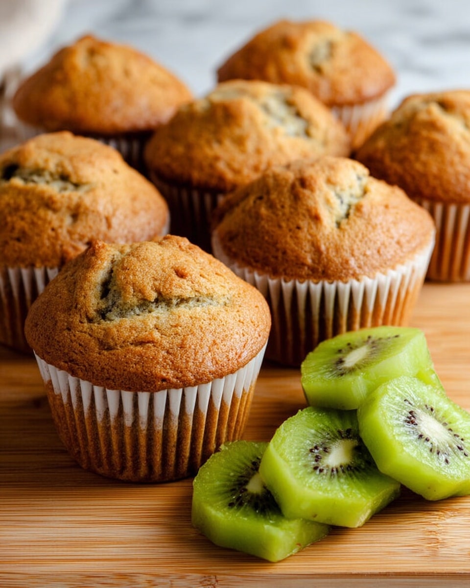 The image shows a group of golden brown muffins with slightly cracked tops sitting directly on a wooden surface. The muffins are wrapped in white paper liners that have subtle vertical ridges. Positioned to the right of the muffins, there are several bright green kiwi slices stacked neatly in a small pile, showing their vibrant, juicy texture and tiny black seeds. The scene is set on a white marbled surface. photo taken with an iphone --ar 4:5 --v 7