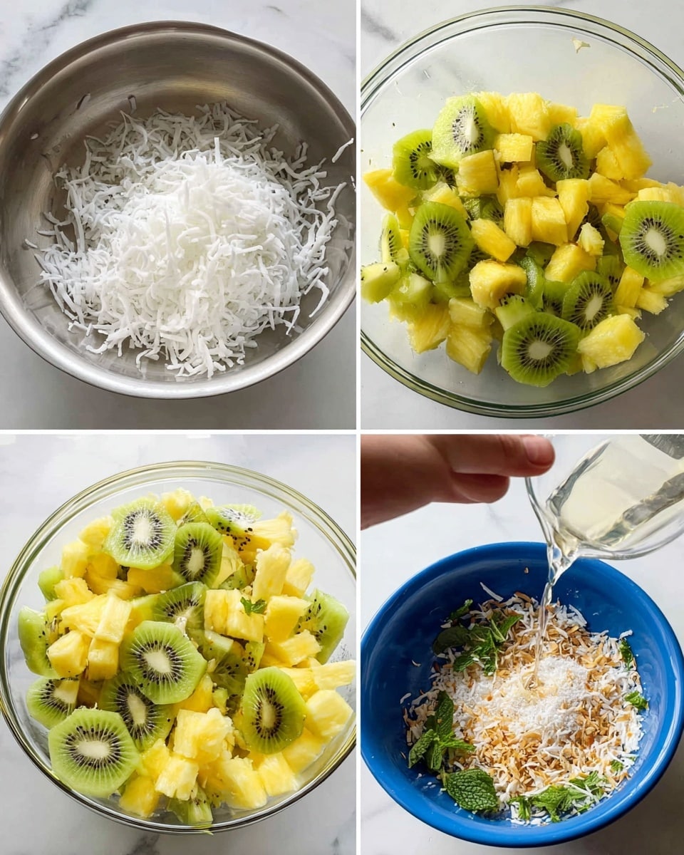 The image shows four steps of making a fresh fruit bowl. The first part has a silver pan with white shredded coconut inside. The second part shows the coconut browning evenly in the silver pan. The third photo shows a glass bowl filled with yellow pineapple cubes and sliced green kiwi on a white marbled surface, with a clear liquid being poured over the fruit and fresh green mint leaves mixed in. The last image shows a blue bowl filled with pineapple cubes and kiwi slices on a white marbled surface, being sprinkled with toasted coconut by a woman's hand, adding a crunchy topping. photo taken with an iphone --ar 4:5 --v 7