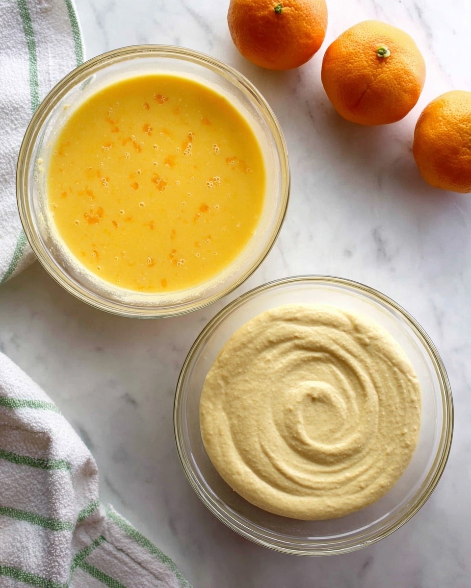 The image shows two clear glass bowls placed on a white marbled surface with two oranges nearby and a white cloth with green stripes above. The left bowl contains a smooth yellow liquid mixture with some small orange bits evenly spread within, creating a bright, glossy surface. The right bowl holds a thicker, creamy batter with a pale yellow tone and a slightly lumpy texture, with a swirl pattern visible on top from stirring. The scene is bright and clear, emphasizing the contrast between the two different mixtures. Photo taken with an iphone --ar 4:5 --v 7