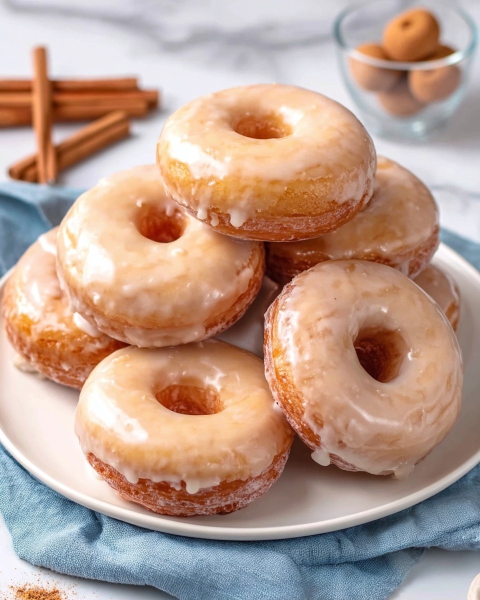 A white plate holds six glazed donuts stacked in a slight pile, each donut round with a hole in the center and covered in a shiny, smooth, light beige glaze that drips slightly over the edges, showing the golden-brown texture underneath. The donuts appear soft with a slightly crisp glaze coating. Around the plate, there is a light blue cloth on a white marbled surface, small round donut holes in a clear glass cup, and some cinnamon sticks placed casually nearby. Photo taken with an iphone --ar 4:5 --v 7