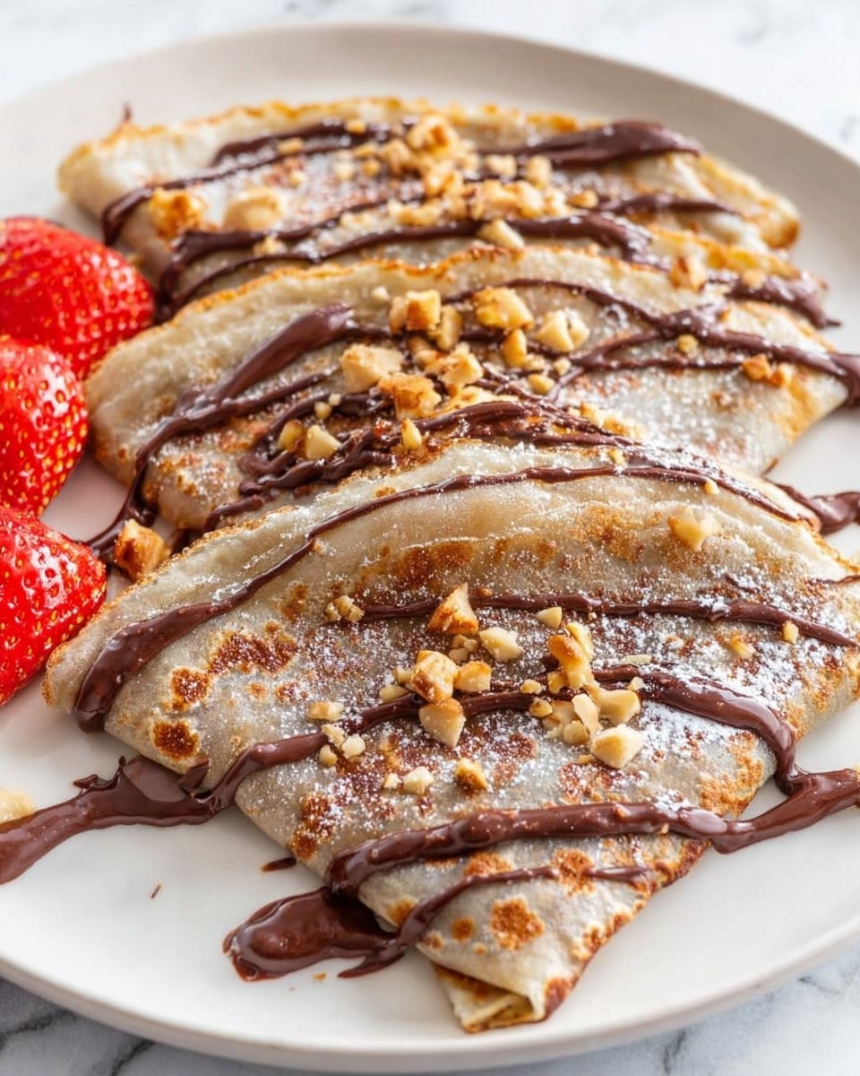The image shows three thin crepes folded into quarters, arranged in a row on a white plate with a white marbled surface background. The crepes have a light brown color with some slightly darker spots, indicating they are cooked. They are drizzled with dark chocolate sauce in uneven lines across them. Small pieces of chopped nuts are scattered atop the crepes, adding texture. In the lower left corner of the plate, there are a few slices of bright red strawberries, providing a pop of color. Photo taken with an iphone --ar 4:5 --v 7