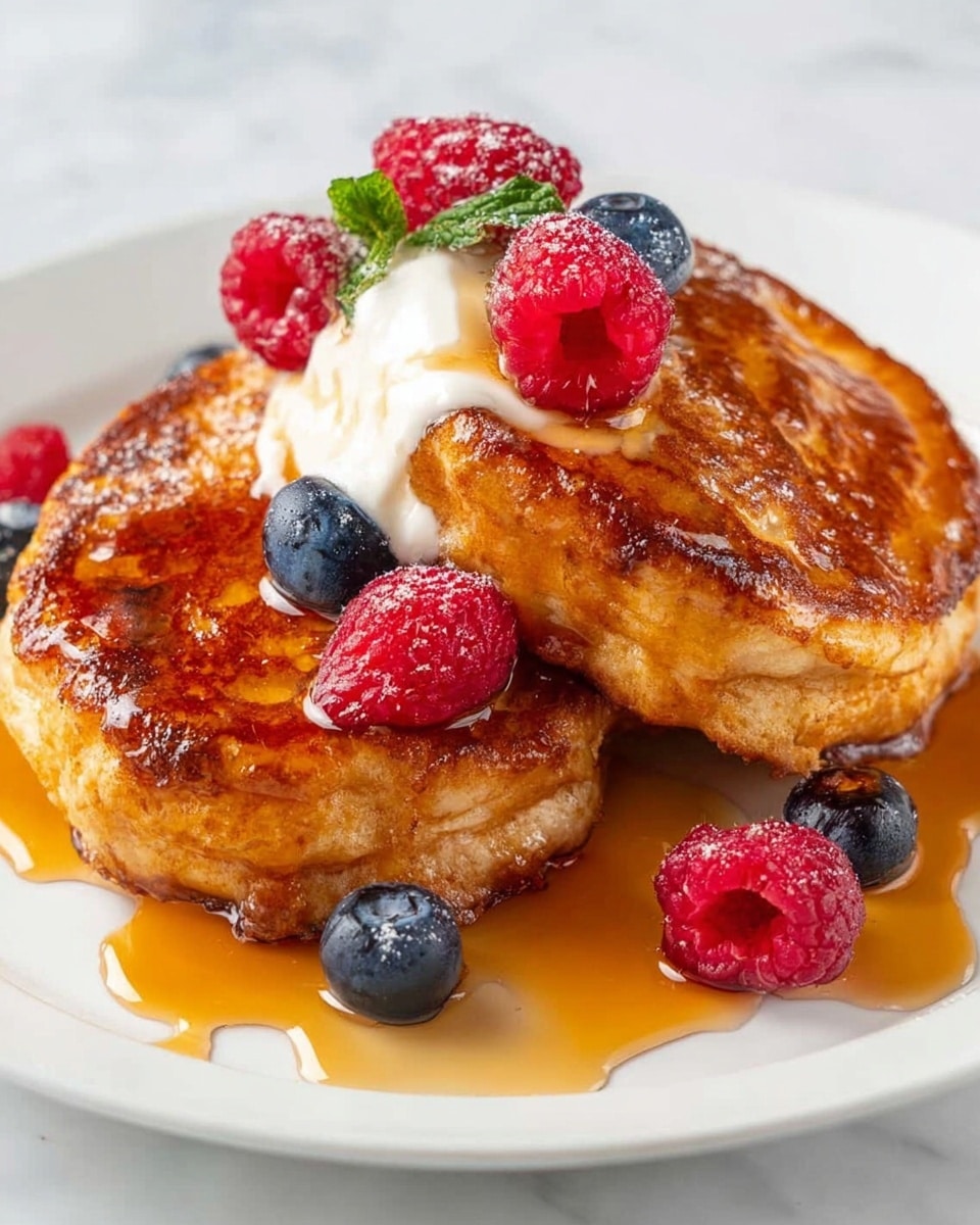 Two thick golden-brown pancakes stacked slightly off-center on a white plate, each pancake showing a crisp, textured surface. Between the two pancakes is a dollop of white cream, partly oozing out. Fresh red raspberries and small dark blue blueberries are scattered around the pancakes and on top. Thick amber syrup is generously drizzled over the pancakes and fruit, creating glossy highlights and small drips on the plate. The plate sits on a white marbled surface. Photo taken with an iphone --ar 4:5 --v 7
