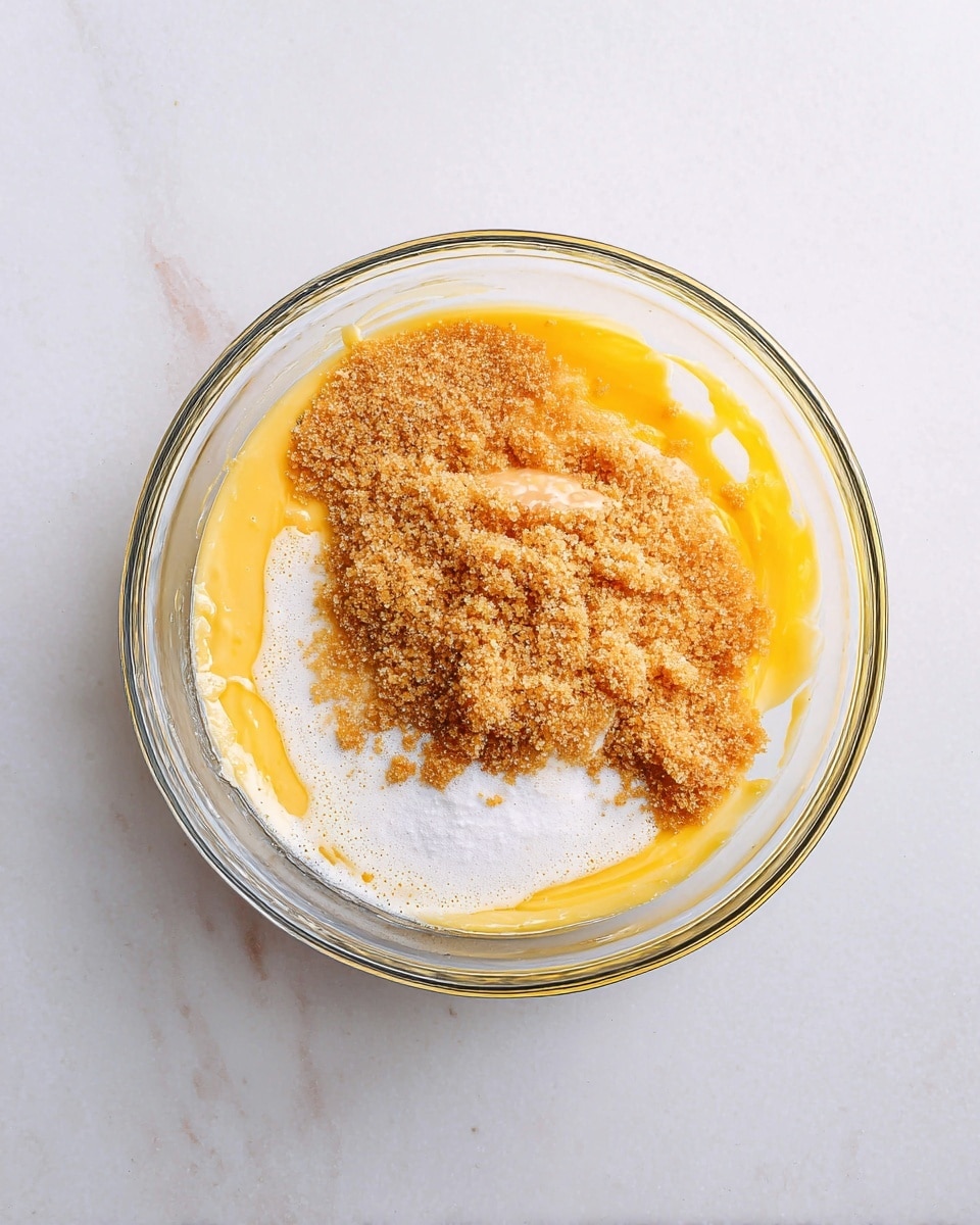 A clear glass bowl sits on a white marbled surface, filled with three layers visible on top: a melting yellow butter layer with smooth texture at the base, a middle layer of light orange-brown sugary granules clumped unevenly in two main mounds, and a small area of white granulated sugar in the center. The edges show some white foam mixing with the butter. The overall look is messy but colorful with soft and grainy textures. photo taken with an iphone --ar 4:5 --v 7
