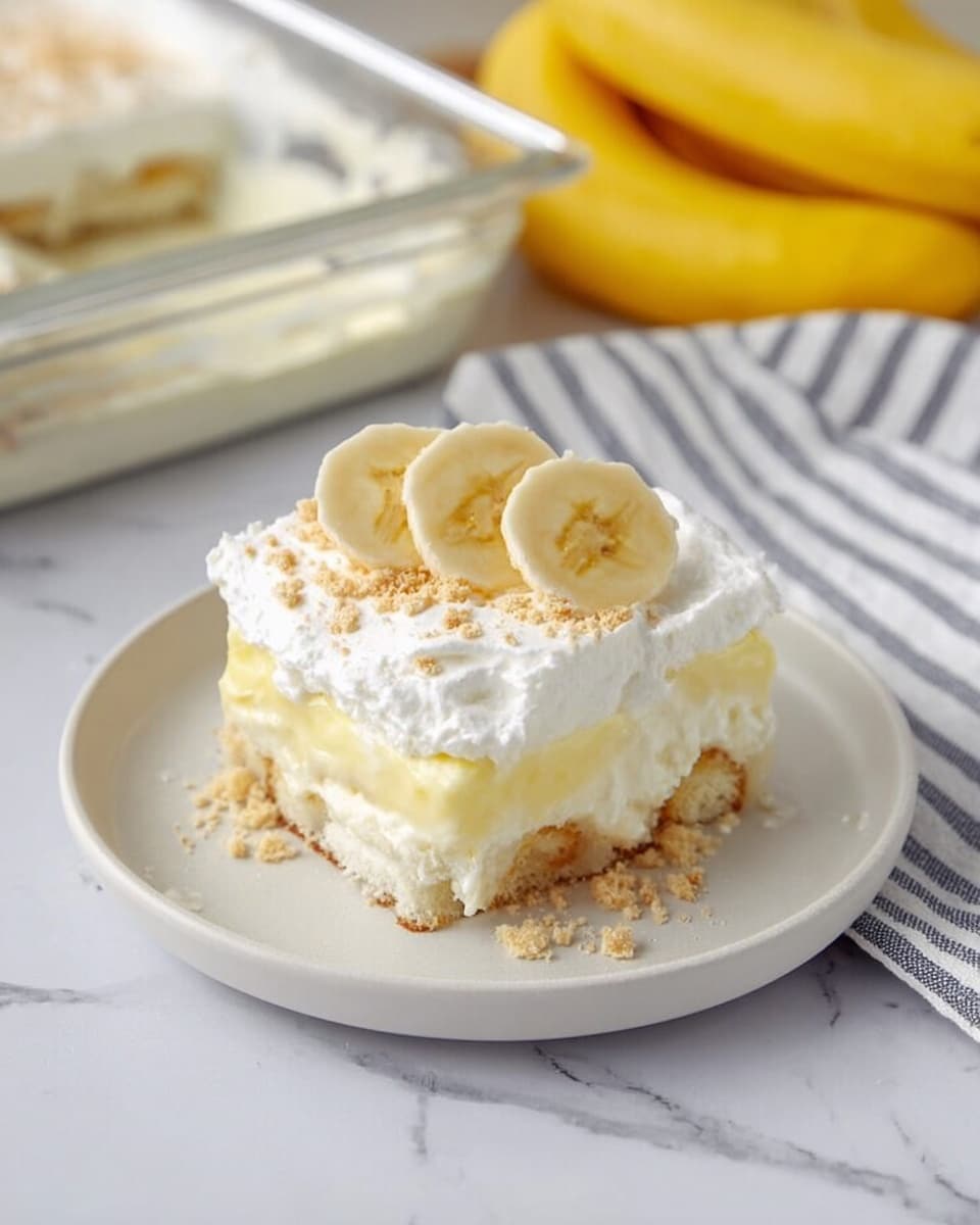A square piece of banana dessert is placed on a simple white plate on a white marbled surface. The dessert has three visible layers: the bottom layer is a soft, light beige cake base with some banana bits, the middle layer is thick and creamy pale yellow custard, and the top layer is fluffy white whipped cream sprinkled with light brown crumbs. On top of the whipped cream, there are two thin, round slices of banana arranged side by side. In the background, there is a clear rectangular baking dish with some dessert left inside, a striped cloth, and a bunch of bright yellow bananas. The photo taken with an iphone --ar 4:5 --v 7
