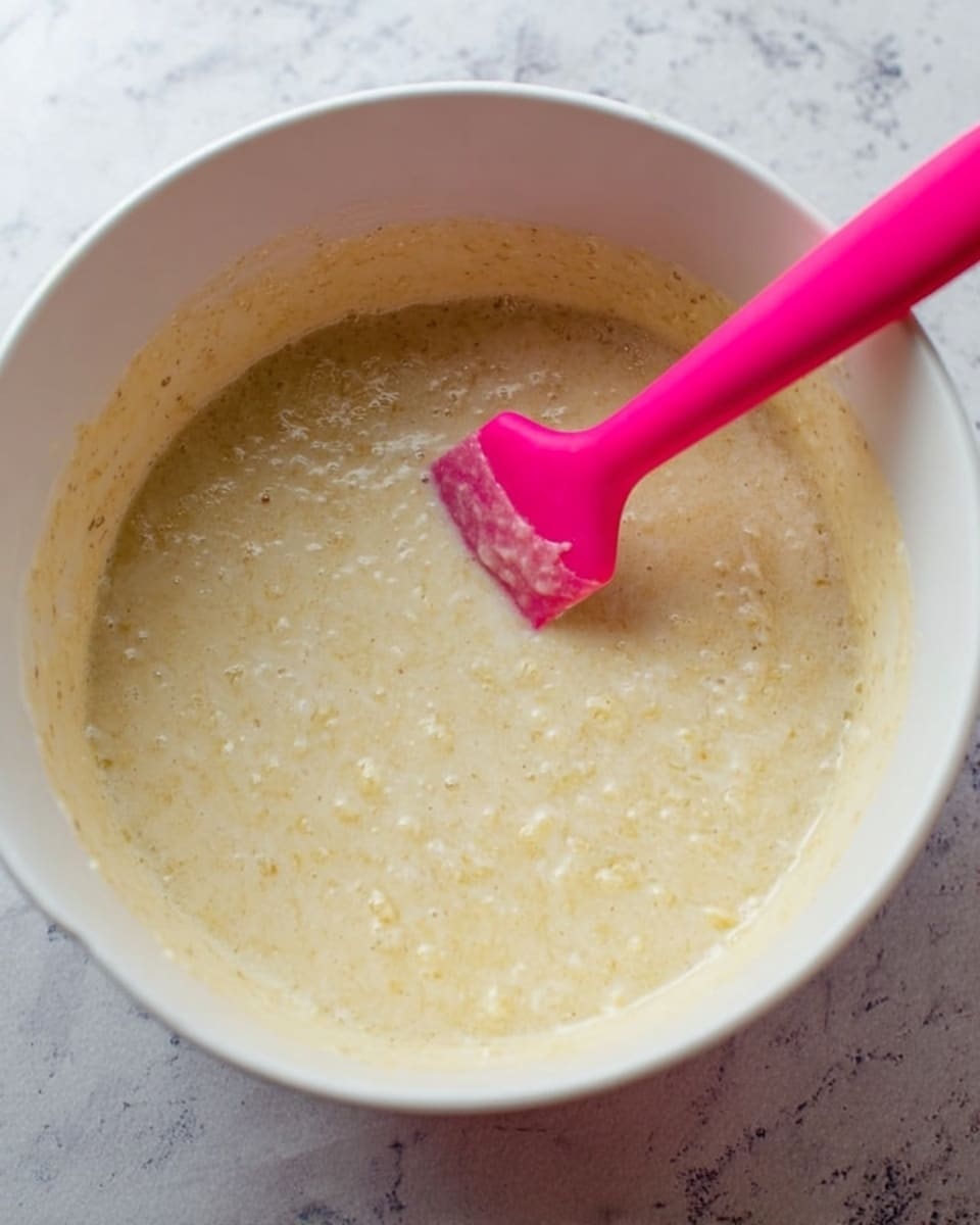 The image shows a white bowl filled with a creamy, pale yellow batter that has small lumps and bubbles throughout. Inside the bowl, a bright pink silicone spatula is partially immersed in the batter, with some batter sticking to its flat end. The bowl sits on a white marbled surface, and the overall texture of the batter looks thick and slightly grainy. photo taken with an iphone --ar 4:5 --v 7