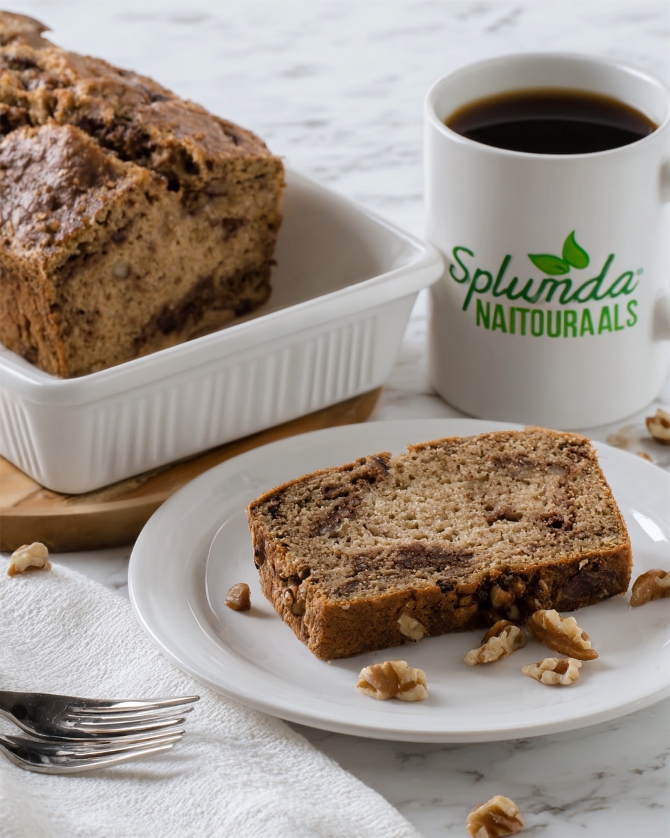 A slice of brown nut bread with darker nut pieces inside is placed on a white plate with a few nut pieces scattered around it. Behind the plate, a white rectangular loaf pan holds the remaining loaf of nut bread, showing a rough, textured crust. To the right, there is a white mug filled with dark coffee that has