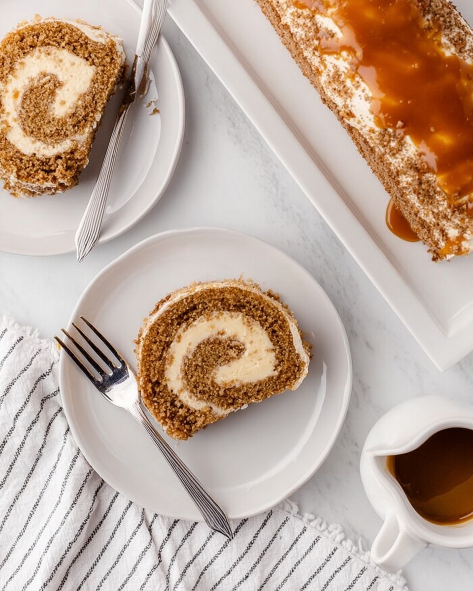 The image shows two slices of a rolled cake on two white plates, each slice featuring two layers: a light brown outer cake layer with a crumbly texture, and a creamy beige swirl filling inside. One slice is fully visible with a silver fork resting next to it on the plate, while the other plate holds part of the second slice at the top left. To the right, part of the full rolled cake is visible on a white rectangular plate, topped with a shiny caramel glaze that drips slightly over the edge. A small white jug with caramel sauce is in the bottom right corner. The whole scene is set on a white marbled surface, and part of a white cloth with thin black stripes lies near the bottom left. photo taken with an iphone --ar 4:5 --v 7