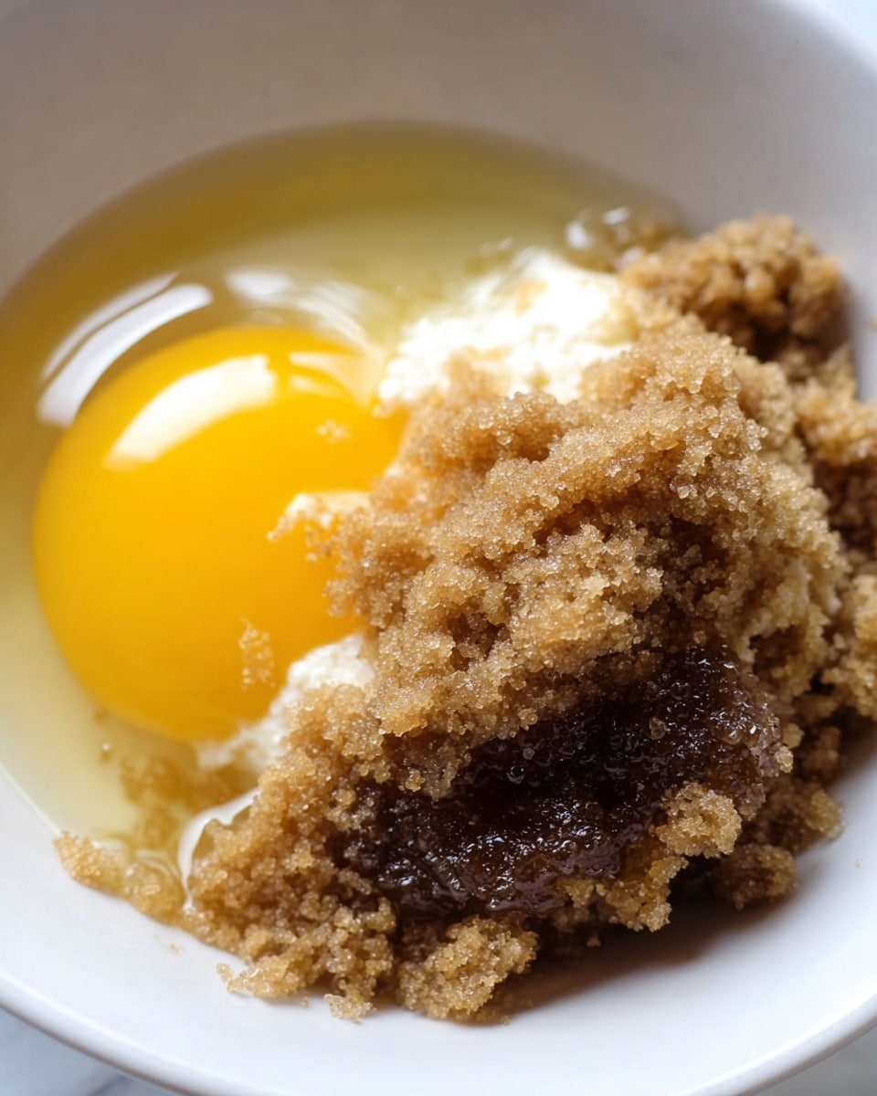 A close-up photo of a white bowl showing a raw egg with a bright yellow yolk on the left side, surrounded by translucent egg white, and clumps of light brown and dark brown sugar with a wet, sticky texture on the right side, all sitting on a white marbled surface. The colors include shiny yellow, light golden, rich brown, and off-white cream, with the textures varying from smooth and glossy to coarse and crumbly. Photo taken with an iphone --ar 4:5 --v 7