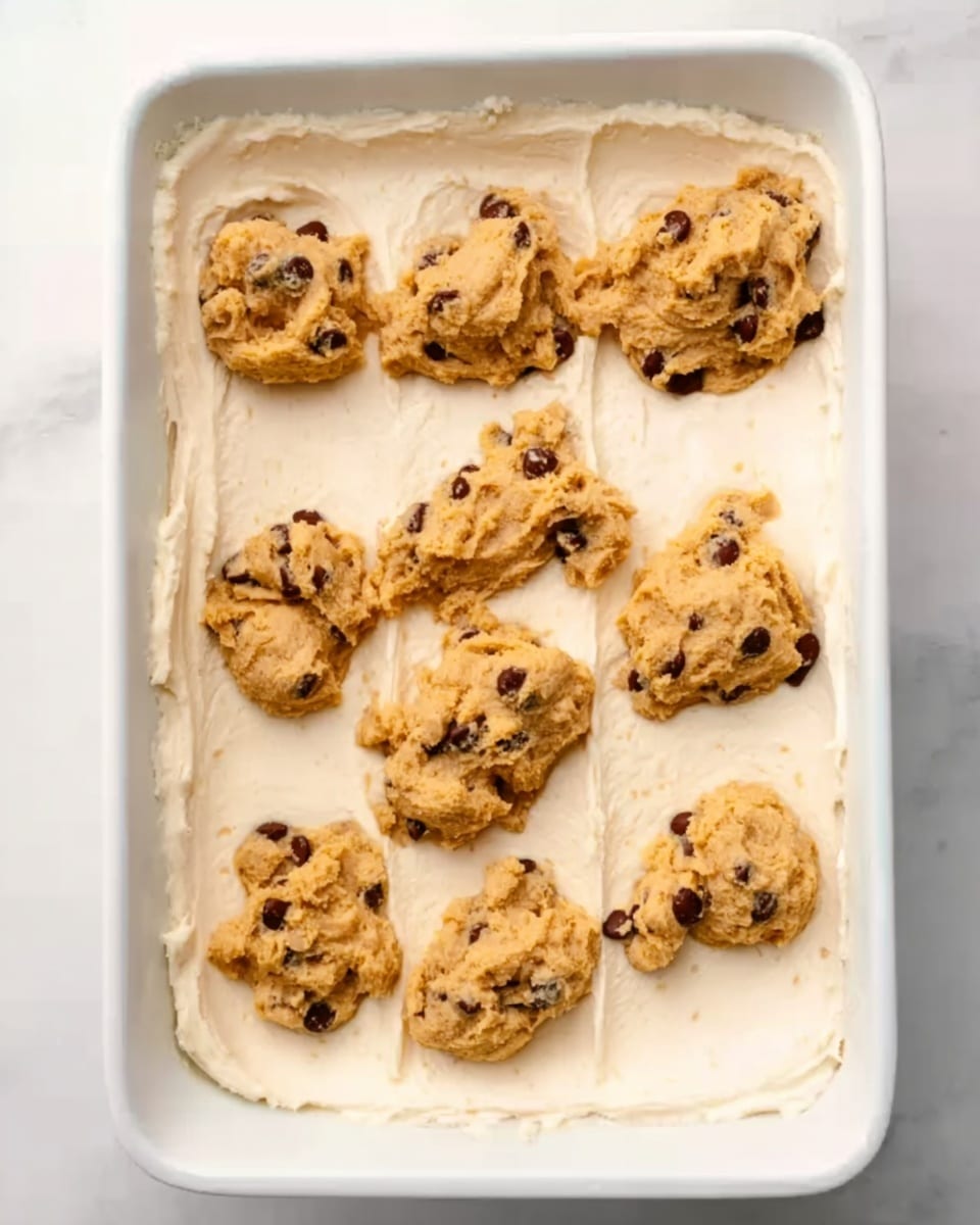 The image shows a white rectangular baking dish placed on a white marbled surface, filled with soft dough spread evenly on the bottom layer. On top of the dough, there are eight uneven clumps of a golden-brown mixture with dark spots, likely chocolate chips, scattered across the surface. The texture of the dough is smooth and creamy while the clumps look rough and chunky. The colors contrast well, with the creamy white dough and the darker golden brown mixture creating a layered appearance. Photo taken with an iphone --ar 4:5 --v 7
