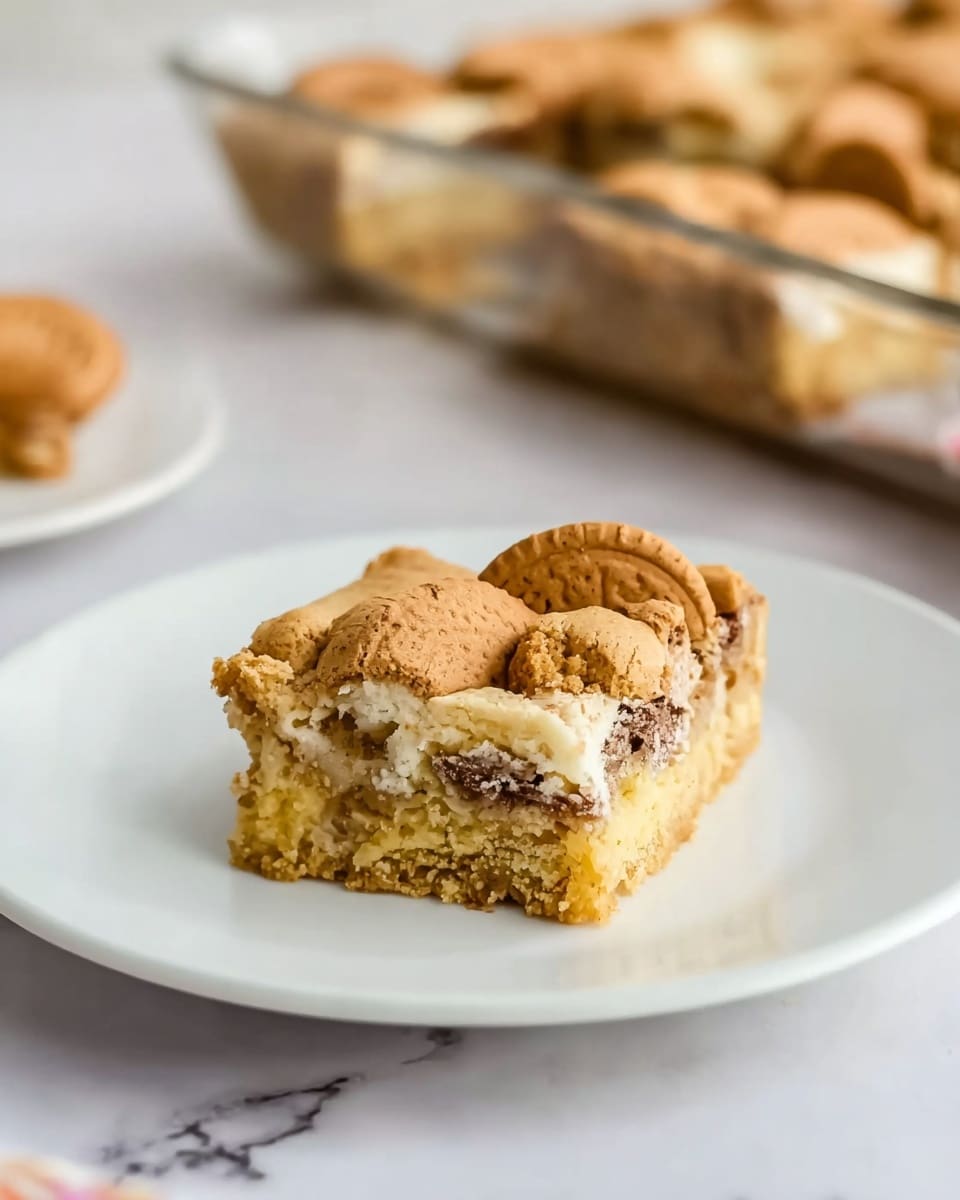 A square slice of cookie bar sits on a white plate, showing three visible layers: a bottom crust that is light golden with a slightly crumbly texture, a middle layer that is light brown and moist with small chunks inside, and a top layer with three browned vanilla wafer cookies embedded on the surface, surrounded by a chunky, pale golden cookie dough. The plate is on a white marbled surface with a glass baking dish of more cookie bars blurred in the background. Photo taken with an iphone --ar 4:5 --v 7