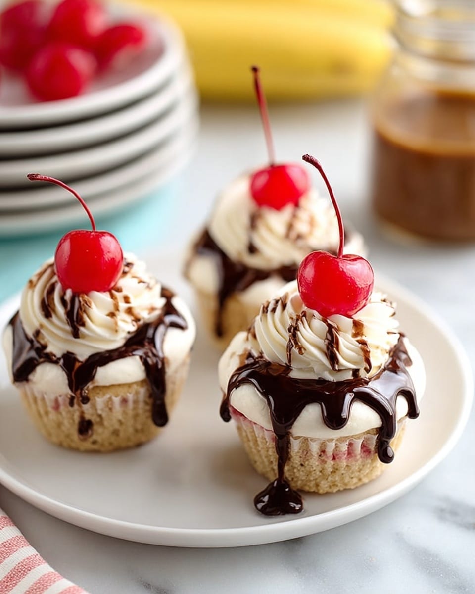 Three small cupcakes sit on a white plate over a white marbled surface. Each cupcake has a crumbly light tan base with hints of a pinkish layer inside. On top of each base is a swirl of smooth white cream. Dark chocolate sauce drizzles over the cream in thin lines, and a shiny red cherry with a curved stem is placed on the very top of each cupcake. In the background, a bunch of white plates with stripes sit stacked, a yellow banana is on the right side, and a glass jar with brown sauce can be seen. Photo taken with an iphone --ar 4:5 --v 7