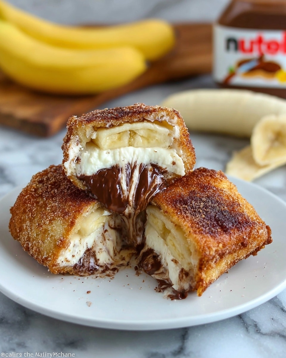 The image shows three pieces of a fried dessert on a white plate, each piece has three visible layers inside: a thick, creamy white layer of ricotta cheese, a soft, light yellow banana layer, and a layer of dark brown Nutella spread. The outer layer is golden brown and crispy, covering the filling completely. One piece is slightly lifted to show the inside clearly, with Nutella melting a bit at the edges. The plate is set on a white marbled surface, with a peeled banana and a jar of Nutella blurred in the background. photo taken with an iphone --ar 4:5 --v 7