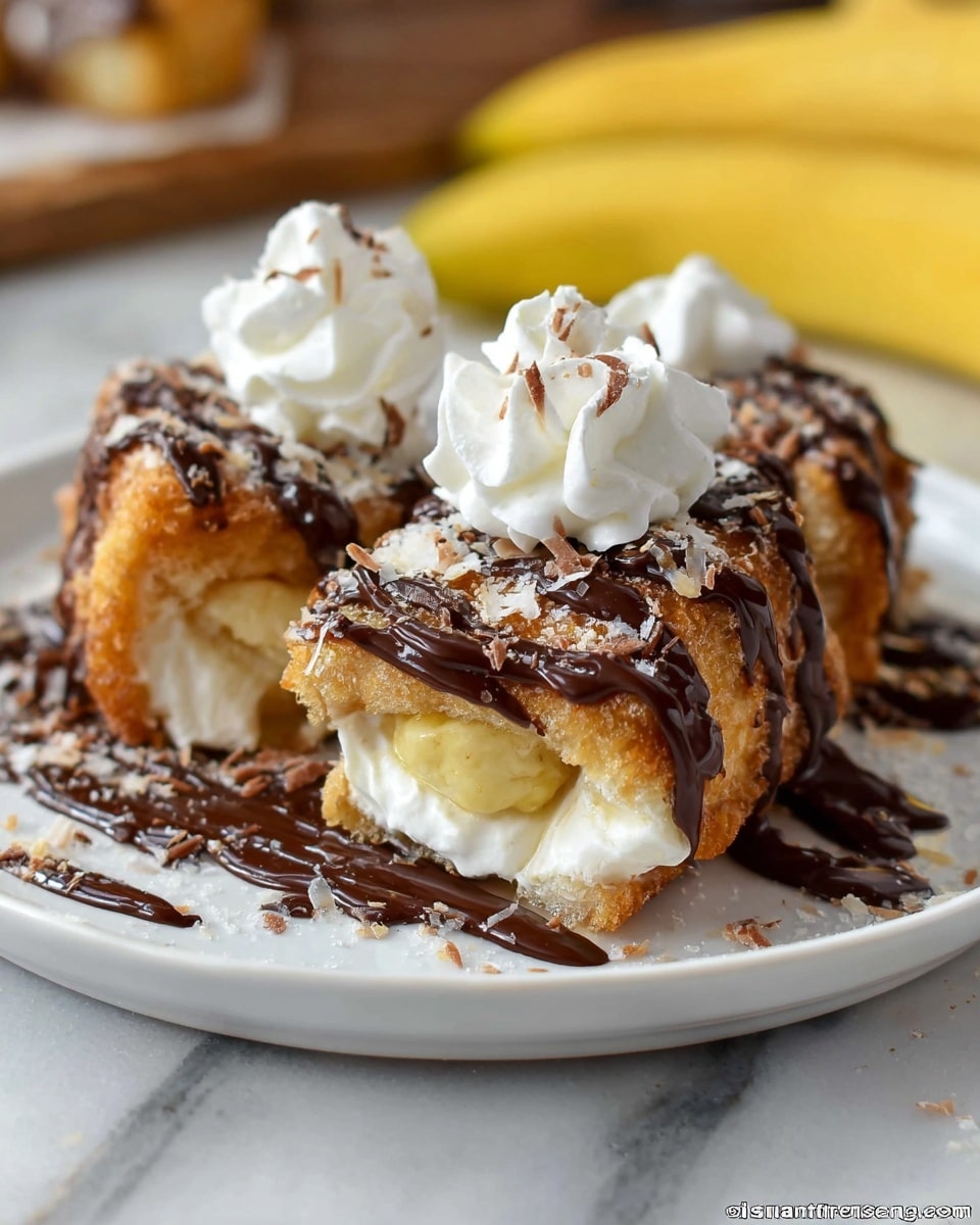On a white plate, there are three pieces of food with a crispy golden-brown outer layer. Inside each piece, there is a soft, pale yellow filling. The pieces are drizzled with dark brown chocolate sauce, which adds a rich texture. On top of two pieces, there is white whipped cream, soft and fluffy, with one dollop on the middle piece standing taller than the others. The plate rests on a white marbled surface, and there is a blurred yellow banana in the background. photo taken with an iphone --ar 4:5 --v 7
