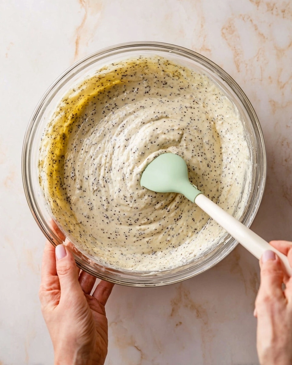 A clear glass bowl filled with a thick, light creamy batter speckled with many small black seeds, being stirred by a pale green spatula held by a woman's hand, while another woman's hand steadies the bowl from the side; the scene is set on a white marbled surface. photo taken with an iphone --ar 4:5 --v 7