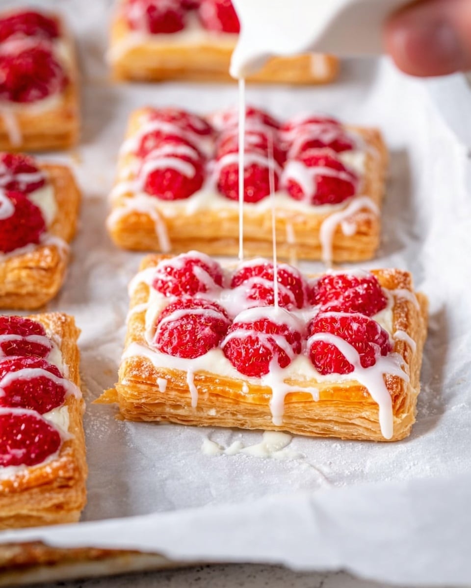 The image shows several rectangular puff pastries on white parchment paper over a white marbled surface. Each pastry has three layers: the bottom golden-brown puff pastry is thick and flaky, a middle creamy white layer spreads evenly just inside the edges, and the top layer is made of bright red raspberries closely packed together. A woman's hand is pouring a white glaze in thin streams over the top pastries, adding a shiny and smooth texture that contrasts with the raspberries. The scene is brightly lit, focusing on the texture and fresh appearance of the pastries, photo taken with an iphone --ar 4:5 --v 7