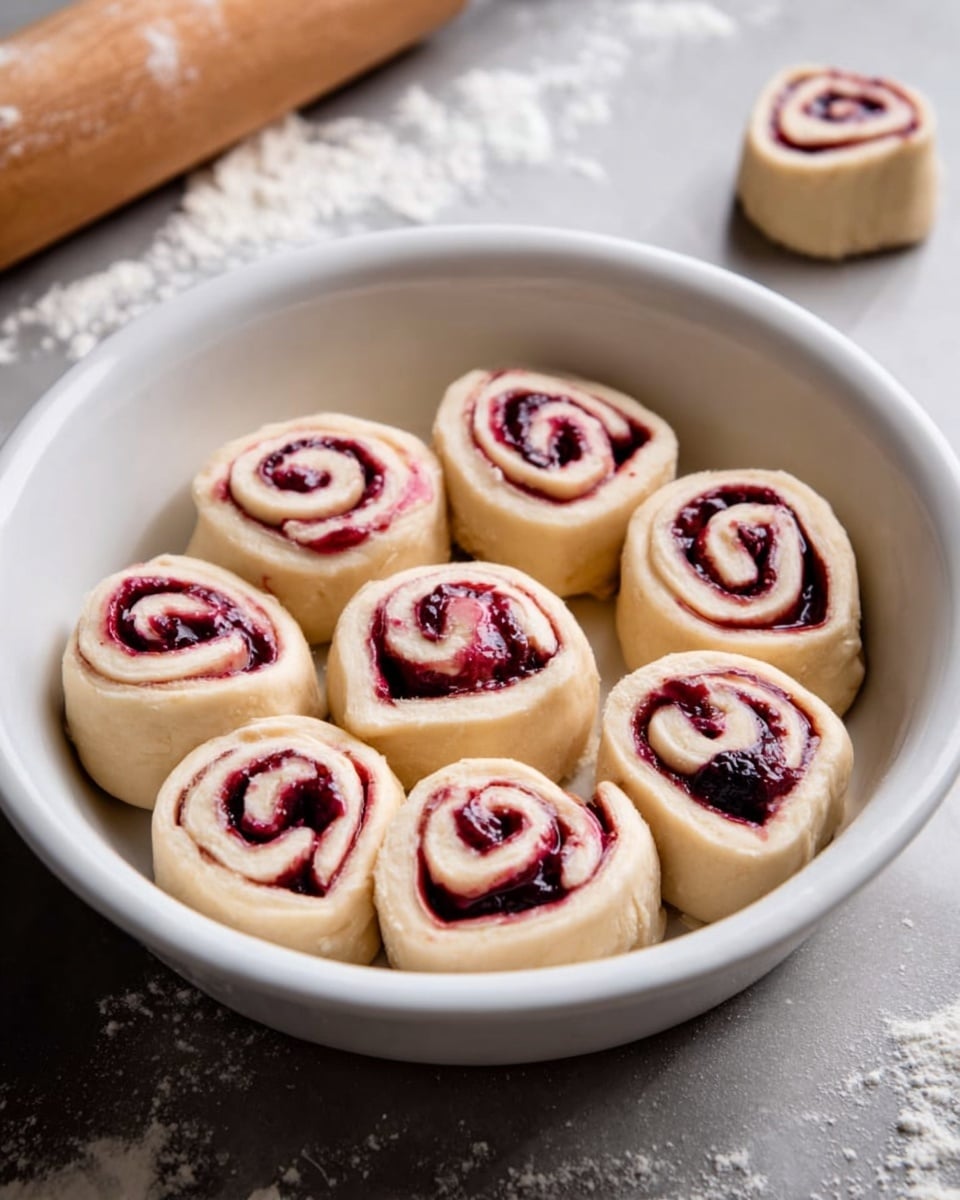 A white round dish filled with eight uncooked dough rolls arranged close together in a circle. Each roll has a light beige dough outer layer with a bright dark red and purple fruit filling spiraled inside, visible from the top. The rolls are smooth and evenly shaped, sitting on a white marbled surface. In the top right corner, a single roll sits alone outside the dish, slightly blurred. A wooden rolling pin with flour scattered nearby is in the background. Photo taken with an iphone --ar 4:5 --v 7