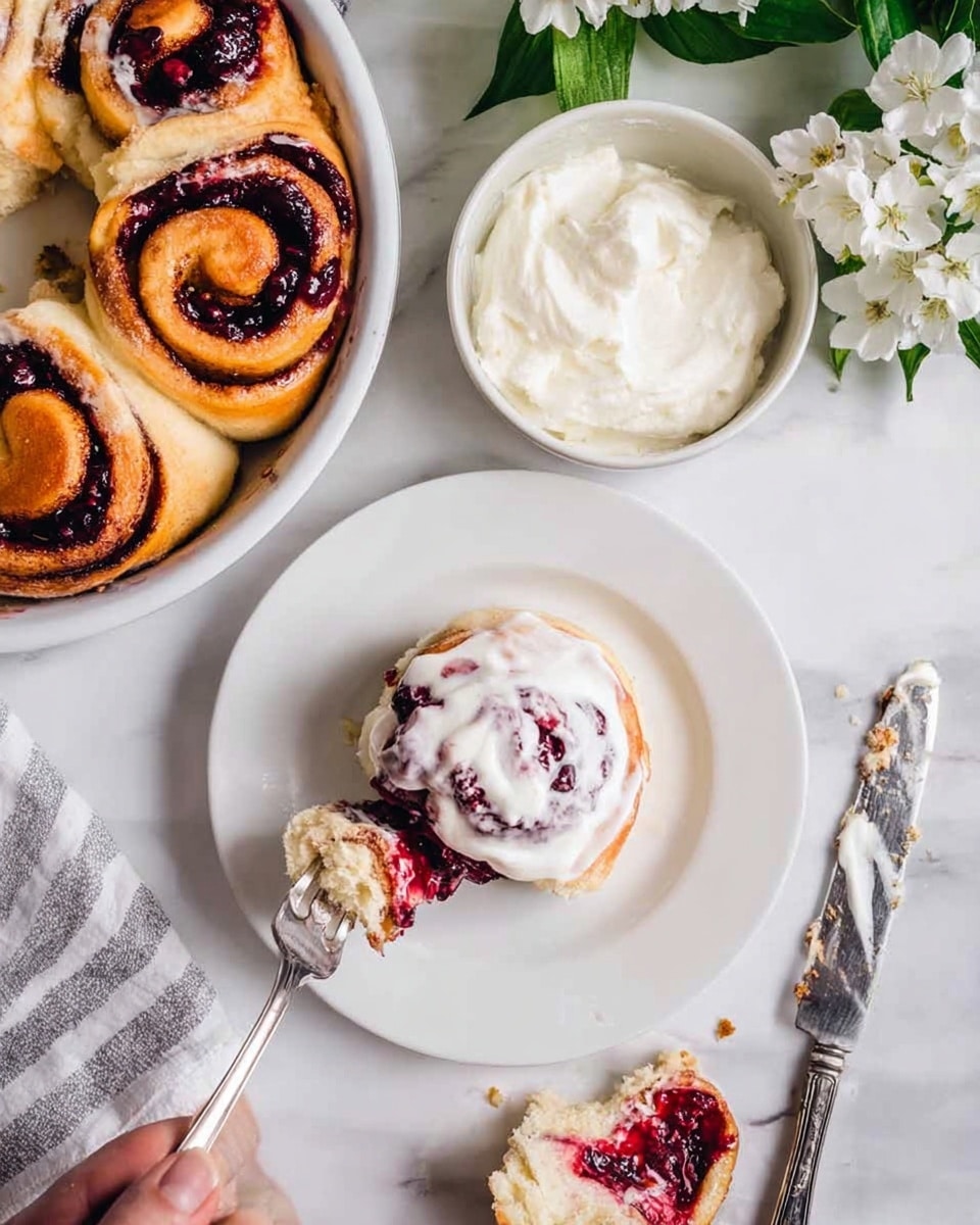 A white plate holds a half-eaten cinnamon roll with white cream cheese icing on top, showing layers of soft golden brown dough swirled with dark red berry filling inside. A woman's hand is lifting a piece of the roll with a silver fork. Next to the plate is a bowl of thick white cream on a white marbled surface. Below, a larger white round dish contains several more cinnamon rolls, some with the dark red berry filling and others topped with the same white icing, with fluffy golden layers. To the right, a white plate has a silver knife with some leftover cream and crumbs on it, and white flowers with green leaves add a fresh touch in the top right corner. Photo taken with an iphone --ar 4:5 --v 7