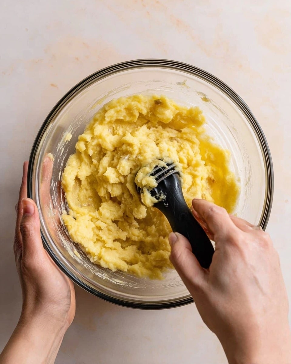 A close-up view of a transparent clear glass bowl filled with mashed yellow bananas that have a soft, slightly lumpy texture. A woman's hand is holding a black potato masher inside the bowl, pressing down on the bananas. The bowl is placed on a white marbled surface, and the texture of the mashed bananas looks moist and thick. Another woman's hand supports the bowl from the side. photo taken with an iphone --ar 4:5 --v 7