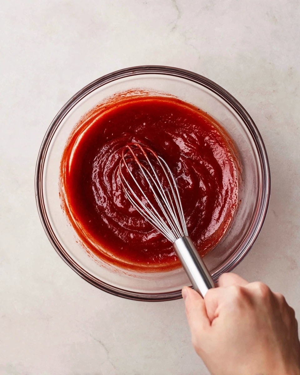 A clear glass bowl sits on a white marbled surface, filled with a thick, smooth, dark red sauce that looks rich and glossy. The sauce forms one even layer inside the bowl. A woman's hand holds a silver whisk in the center, partially covered with the sauce. The scene is simple, focusing on the vibrant color and texture of the sauce in the clear bowl. Photo taken with an iphone --ar 4:5 --v 7