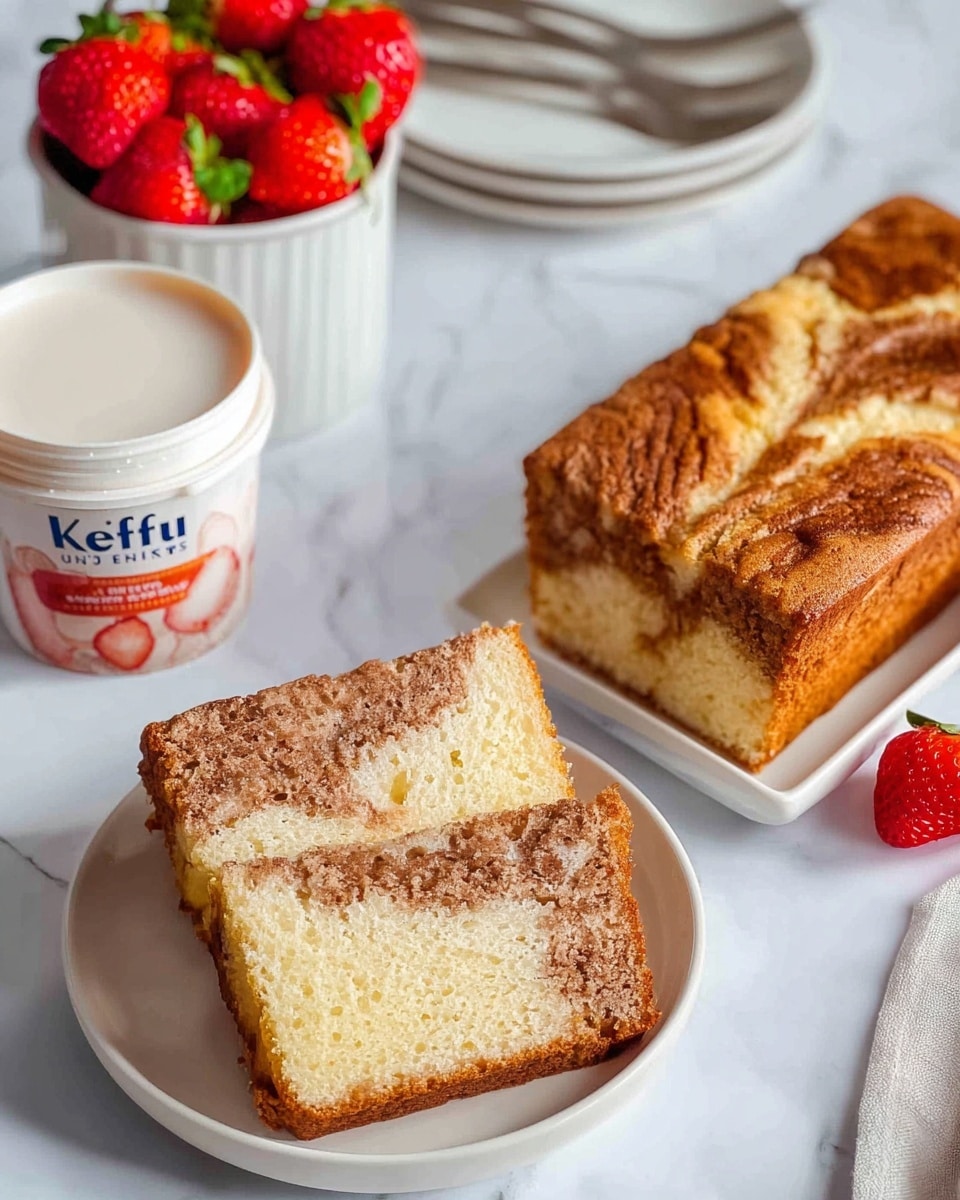 The image shows a white plate with three pieces of marbled cake. The top two pieces are slices showing a soft, crumbly texture with swirls of light beige and darker brown in the cake layers. The bottom piece is a larger chunk of the same marbled cake with a golden-brown, slightly cracked top, showing swirled patterns of light yellow and brown. Nearby, there is a white container of strawberry kefir and a small white bucket filled with fresh, bright red strawberries with green leaves. The background is a white marbled surface with parts of other white plates and some silver forks visible. Photo taken with an iphone --ar 4:5 --v 7