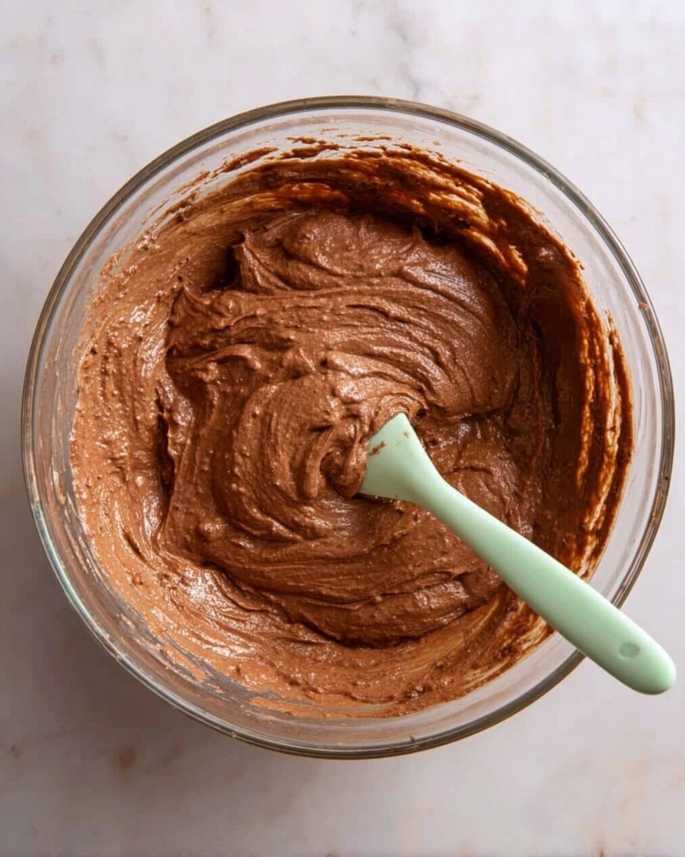 A clear glass bowl filled with a thick, smooth chocolate batter that has a rich brown color and soft texture. The sides of the bowl are coated with the batter showing a creamy swirl pattern, while a light green mixing spoon is resting inside the batter, partially lifted with more batter on it. The bowl is placed on a white marbled surface. photo taken with an iphone --ar 4:5 --v 7