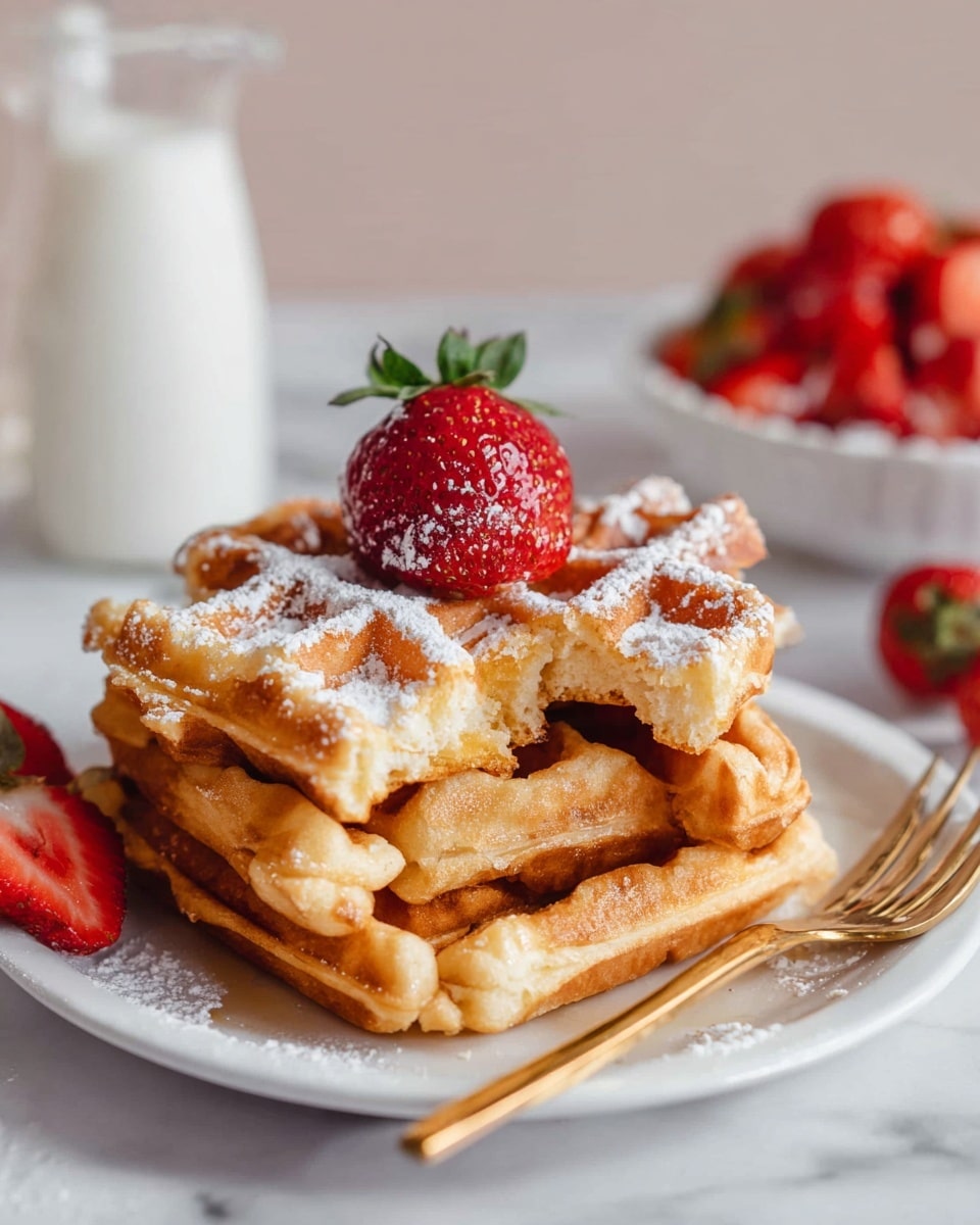A stack of three golden brown waffles with crisp edges sits on a white plate on a white marbled surface. The waffles have a light dusting of powdered sugar and a bright red strawberry with green leaves sits on top of the stack. Part of the top waffle is broken off, showing the soft, airy inside. A gold fork rests on the edge of the plate in the foreground. In the blurry background, a white bowl filled with red strawberries and a clear glass bottle of white milk are visible. Photo taken with an iphone --ar 4:5 --v 7