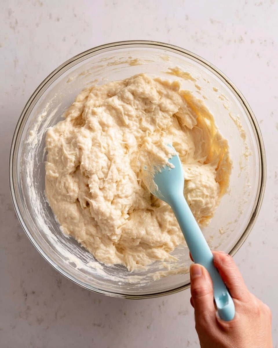 A clear glass bowl contains a thick, pale beige batter with a lumpy texture filling the bowl almost to the top. A light blue spatula is partially submerged on the right side of the bowl, stirring the batter. A woman's hand is holding the spatula handle. The bowl sits on a white marbled surface. Photo taken with an iphone --ar 4:5 --v 7