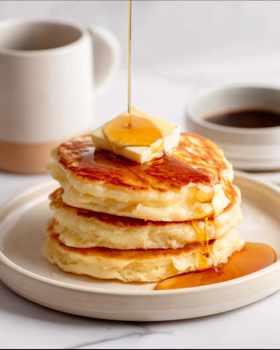 A stack of four thick, golden pancakes sits centered on a white plate, each pancake showing slightly crispy edges and a fluffy texture. On top of the stack is a square of melting butter with syrup slowly pouring over it, creating glossy drips down the sides of the pancakes. In the background, there is a white mug and a small bowl, all placed on a white marbled surface. The scene is softly lit, highlighting the warm tones of the pancakes and syrup. photo taken with an iphone --ar 4:5 --v 7