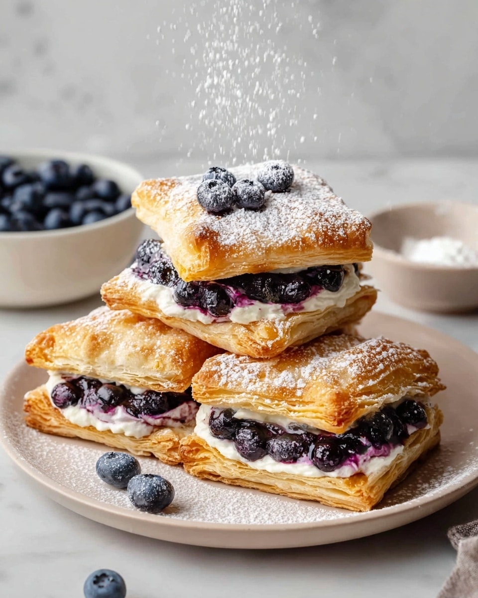 The image shows six rectangular pastry pieces on a sheet of parchment paper placed on a white marbled surface. Each pastry has two layers: a larger base layer and a smaller inner rectangle that holds the filling. On the left side, three pieces are topped with a layer of white cream cheese spread and fresh blueberries arranged evenly on top, giving a mix of creamy white and dark blue colors. On the right side, three pieces have only the white cream cheese spread, creating a simple textured white layer. The edges of the pastry are slightly rough and dusted with flour. photo taken with an iphone --ar 4:5 --v 7