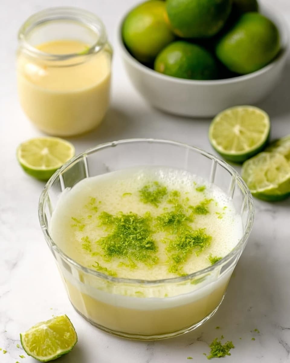 A clear glass bowl filled with a pale yellow liquid mixture that has a frothy texture on top, with bright green lime zest scattered on the surface. Around the bowl, there are several halved limes showing their juicy, light green interiors, and a white bowl filled with whole limes in the background. A glass jar with a yellow creamy substance sits beside the bowl on a white marbled surface, with a small lime wedge resting nearby. photo taken with an iphone --ar 4:5 --v 7