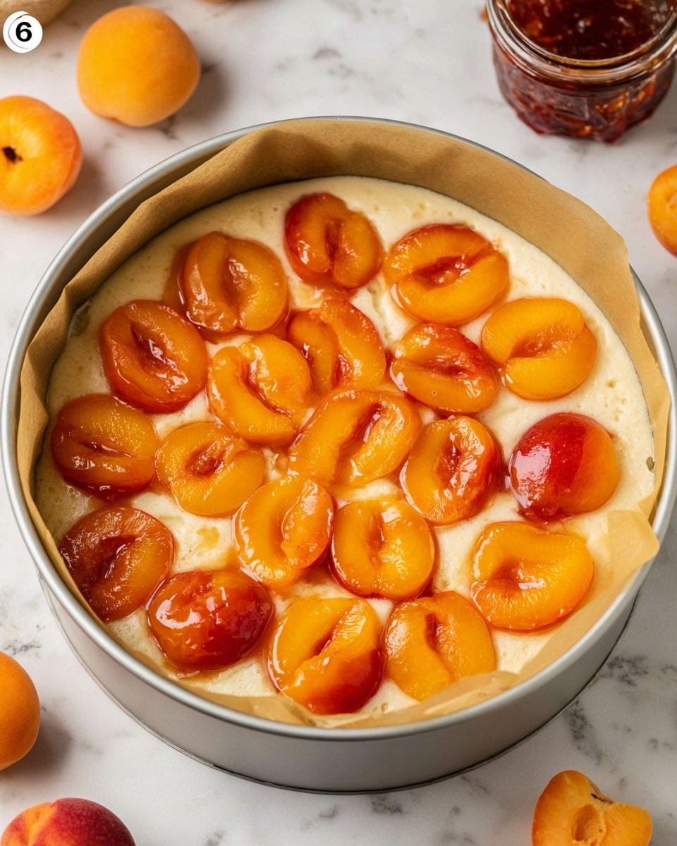 The image shows a round baking pan lined with parchment paper filled with a creamy white batter. On top, there is a single layer of halved apricots arranged in a circular pattern, with orange and reddish hues, glossy from a light glaze. The apricots cover the batter evenly, with some cut side up and others slightly turned, creating a varied texture and shiny surface. The pan sits on a white marbled surface with a few whole apricots nearby and a jar of jam blurred in the background. Photo taken with an iphone --ar 4:5 --v 7