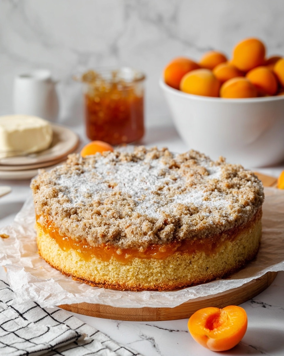 The image shows a round apricot crumb cake with three visible layers: a golden brown soft cake base at the bottom, a middle layer of bright orange apricot filling peeking out slightly, and a textured crumb topping dusted with powdered sugar covering the top. The cake sits on a piece of white parchment paper atop a wooden board, placed on a surface with a white marbled texture. In the background, there is a white bowl filled with whole apricots, a glass jar of apricot jam, and a white butter dish. A white cloth with a black grid pattern is partially visible next to the cake. Photo taken with an iphone --ar 4:5 --v 7