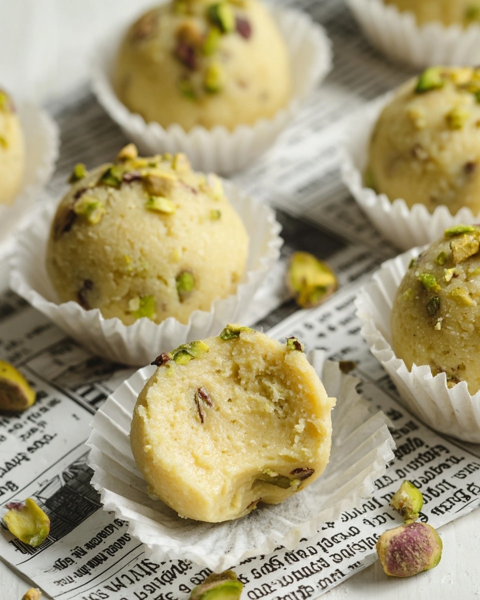 The image shows several round, pale yellow sweets with a slightly rough texture and small green and brown nut bits mixed inside. Each sweet sits in a white paper cup on top of printed newspaper-style paper with black text. One sweet in the front is partially open, showing smooth, creamy, light yellow layers inside with small pieces of green nuts embedded. The sweets are arranged on a white marbled surface with some scattered nut pieces nearby. Photo taken with an iphone --ar 4:5 --v 7