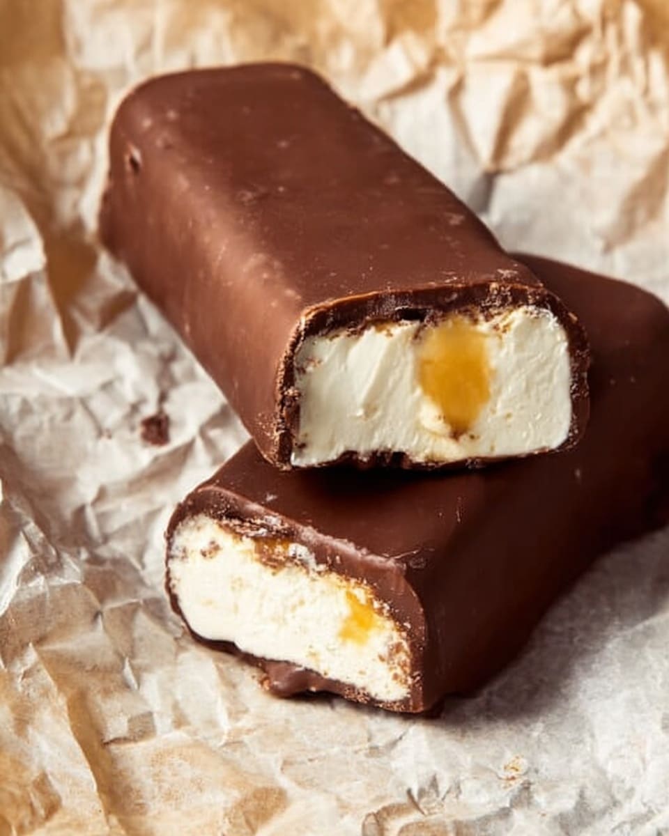 The image shows two chocolate-covered ice cream bars on a crumpled paper surface with a white marbled texture under it. One bar is whole and the other is sliced, revealing three layers inside: the outer dark brown chocolate layer, a thick creamy white ice cream layer in the middle, and a small bright yellow caramel spot near the center. The chocolate has a smooth texture with a slight shine, while the ice cream looks soft and creamy. photo taken with an iphone --ar 4:5 --v 7
