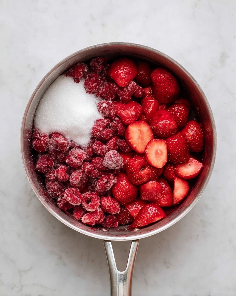 The image shows a metal pan filled with two layers: the bottom layer consists of whole and halved fresh strawberries that are bright red and shiny, and the top layer covers a mix of mostly frozen raspberries which are darker red with a frosty texture; a small pile of white granulated sugar is sitting on top of the berries on the left side of the pan. The pan with a long handle is placed on a white marbled surface. Photo taken with an iphone --ar 4:5 --v 7