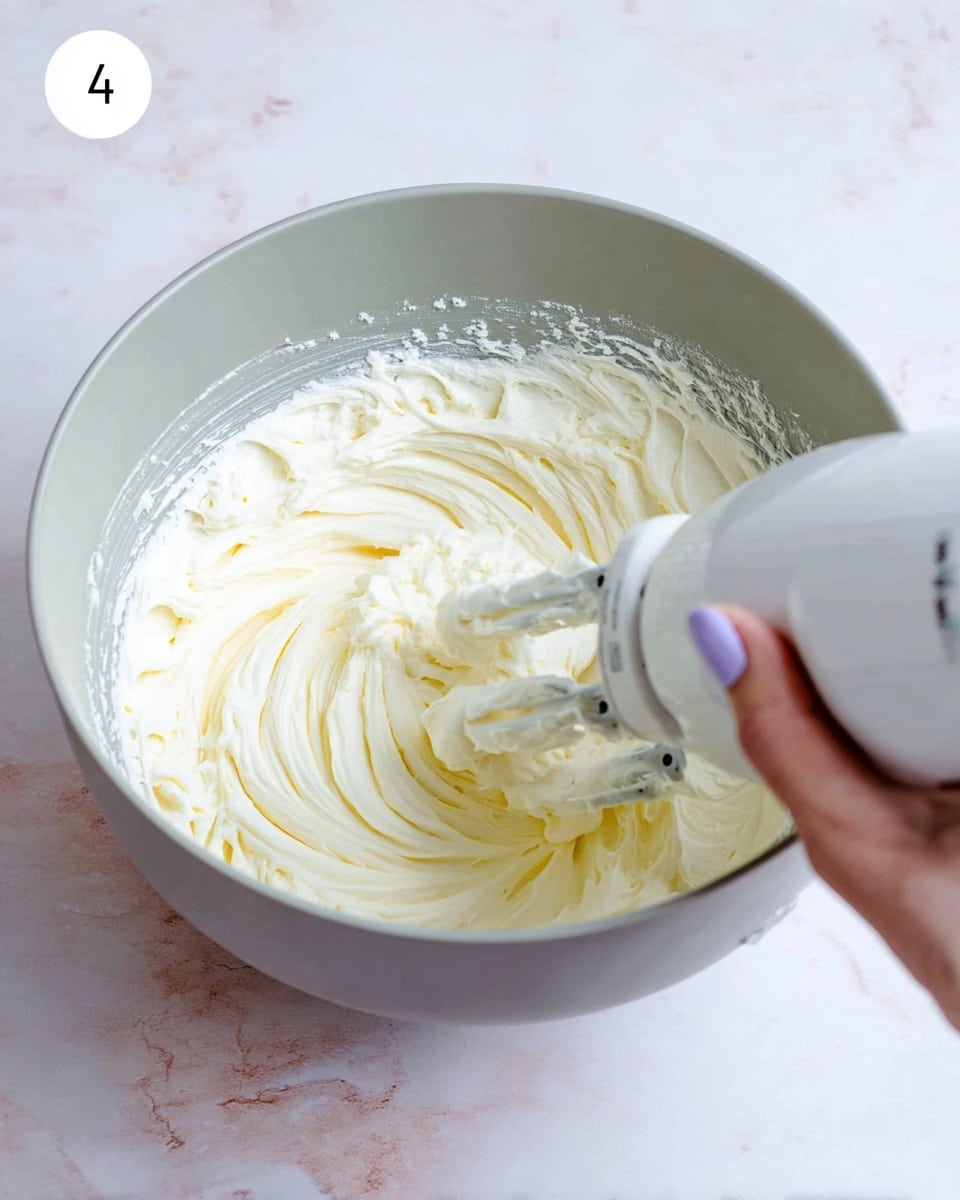 A gray mixing bowl contains thick white cream being whipped by a white hand mixer held by a woman's hand with light skin and lavender nail polish. The cream has smooth swirling textures with some light yellow streaks on top. The bowl's inner sides are coated with bits of whipped cream, showing a soft and fluffy consistency. The bowl is placed on a white marbled surface with a light circular label bearing the number 4 in the upper left corner. Photo taken with an iphone --ar 4:5 --v 7