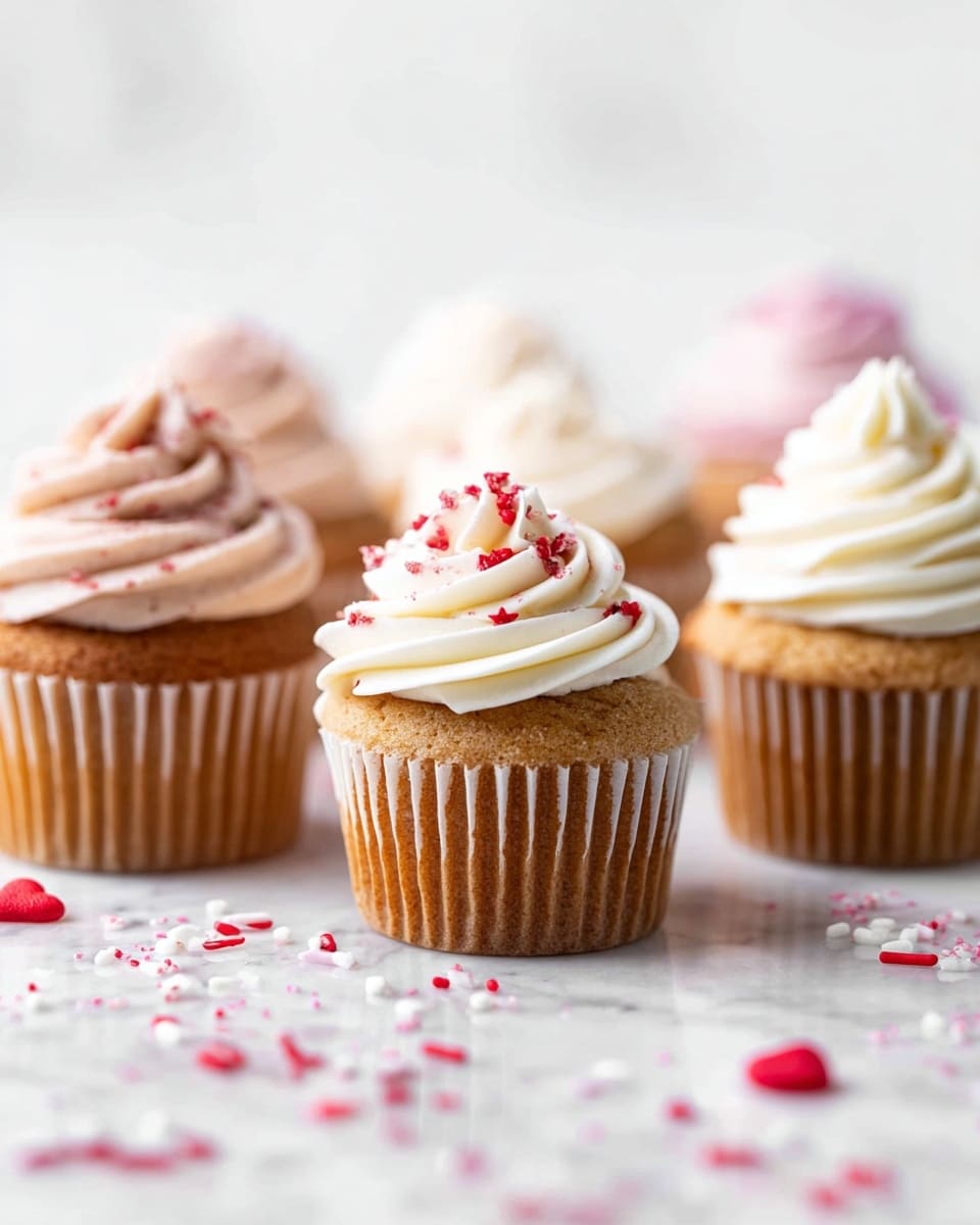 A group of six light brown cupcakes is placed on a white marbled surface, with three in clear view at the front and three blurred out at the back. Each cupcake has a paper liner with vertical ridges. The closest middle cupcake has a swirl of white frosting on top, decorated with small red sprinkles. The cupcake on the left has a swirl of pale pink frosting with faint red specks, and the one on the right has plain white frosting swirled high. Small red and white sprinkles scatter across the white marbled surface around the cupcakes. The background is bright and soft-focused. Photo taken with an iphone --ar 4:5 --v 7