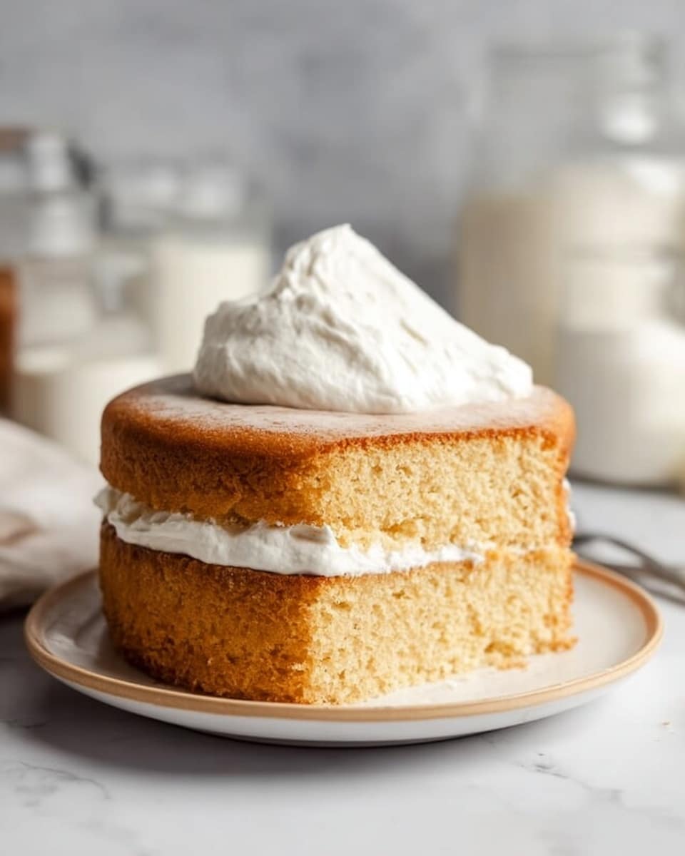 A thick, two-layer round cake sits on a white plate with a thin beige rim on a white marbled surface. The cake is golden brown with a soft texture, and a thick layer of smooth, white cream fills the middle between the two cake layers. On top of the cake, there is a large dollop of white cream with a fluffy and light texture. In the background, there are blurry glass jars and bottles filled with white ingredients, adding a soft and simple feel to the scene. Photo taken with an iphone --ar 4:5 --v 7