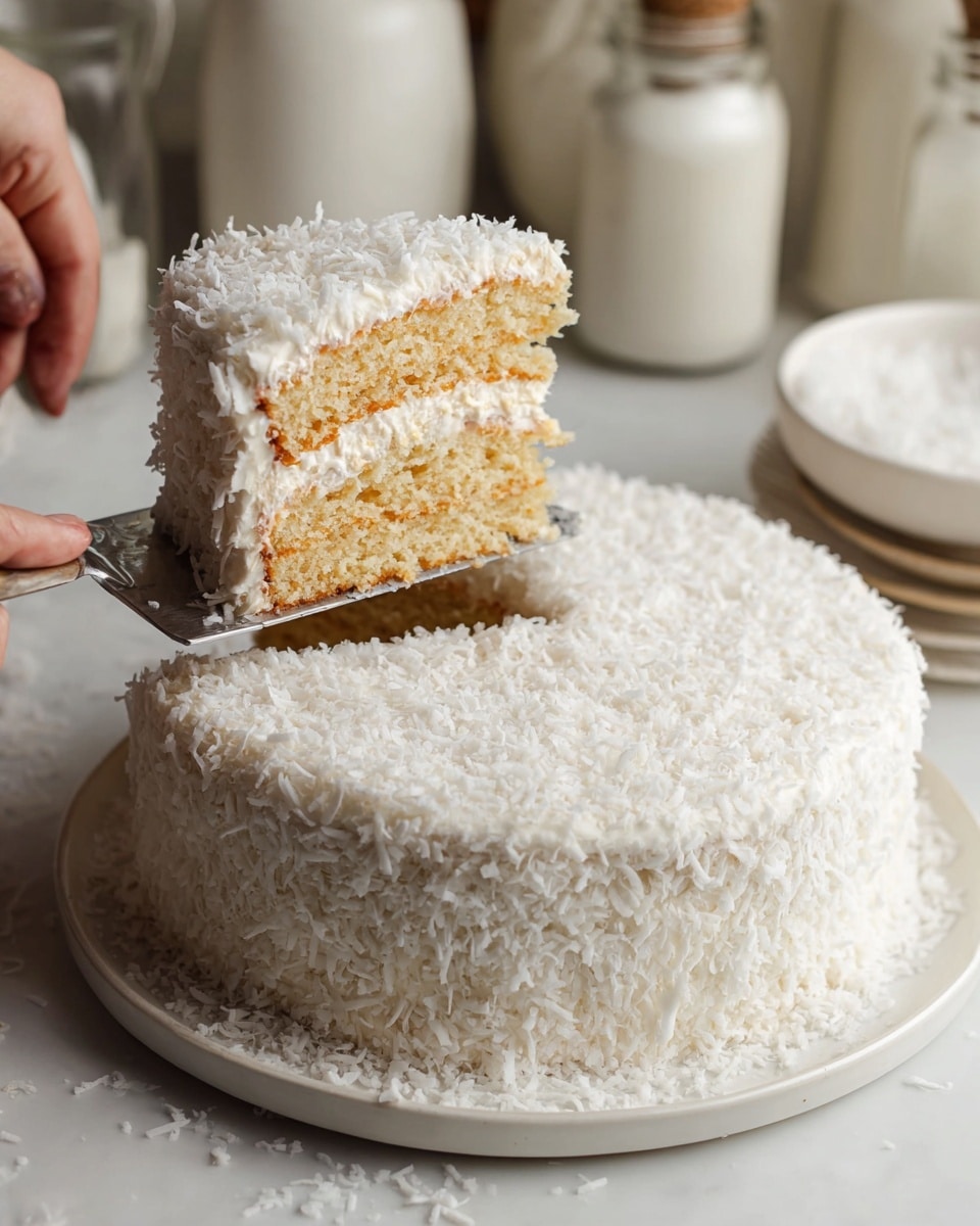 A round two-layer cake with light golden sponge layers is covered entirely in thick white frosting and coated with white shredded coconut. The top and sides are evenly covered with coconut flakes, giving a rough texture. The layers are separated by a thin white frosting filling. A slice is being lifted by a woman’s hand with a silver spatula, showing the moist texture of the sponge and the coconut flakes clinging to the frosting. The cake sits on a white plate, placed on a white marbled surface with some blurred white jars and bottles in the background. photo taken with an iphone --ar 4:5 --v 7
