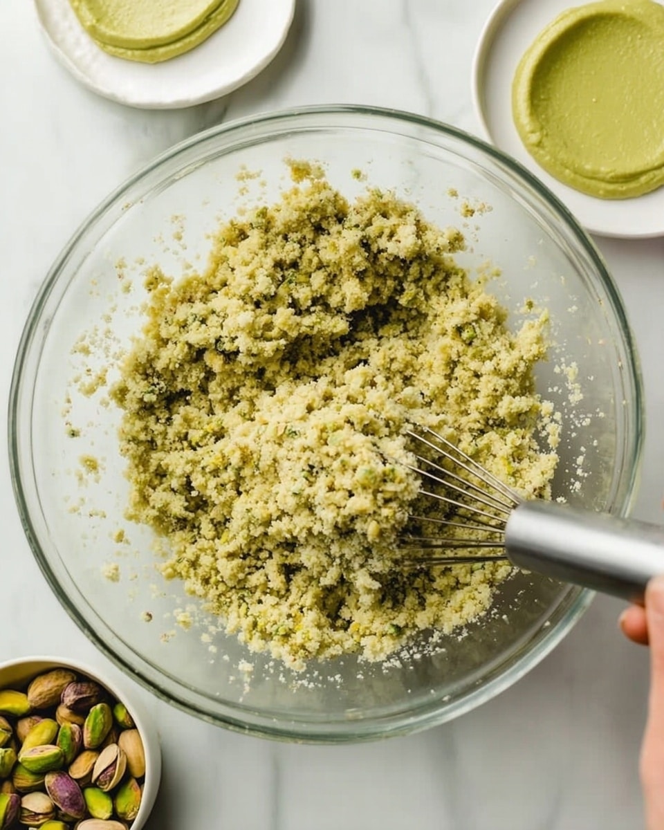 A clear glass bowl contains a crumbly, greenish mixture with a texture that looks slightly grainy and soft; the mixture fills about half the bowl. To the upper left and right sides of the bowl are two small white plates with smooth green spreads evenly spread over their tops. Near the bottom left corner of the image, there is a small white bowl filled with whole green pistachios, some with opened shells. A woman's hand holds a silver hand mixer whisk partially submerged in the crumbly mixture on the left side of the bowl. The scene is set on a white marbled texture background. photo taken with an iphone --ar 4:5 --v 7