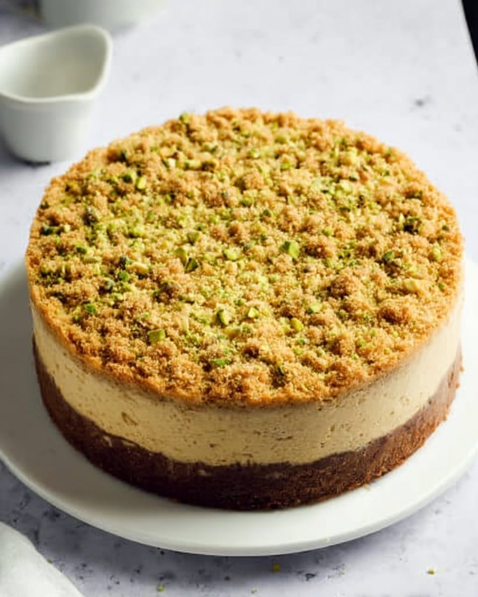 A round cake with three visible layers sits on a white marbled surface. The bottom layer is a thick, dark brown base. The middle layer is lighter beige, smooth and firm. The top layer is a crumbly, golden-brown crust with small green bits scattered throughout, giving it a textured and slightly uneven surface. The cake is whole and uncut, displayed on a white plate that contrasts with the cake’s warm colors. photo taken with an iphone --ar 4:5 --v 7