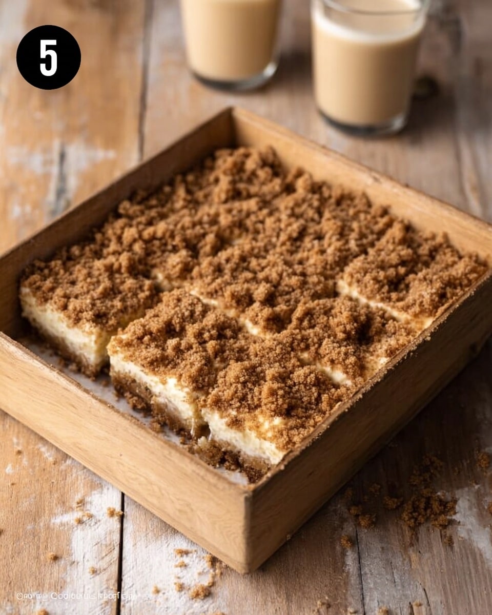 A square wooden baking pan filled with a dessert layer topped with a crumbly brown mixture covering most of the surface, with some light cream-colored bits visible under the crumbs. The pan is placed on a rustic wooden surface with a light and worn look. Two beige glasses with light-colored drinks are blurred in the background. There is a small black circle with the number 5 in white at the top left corner of the image. Photo taken with an iphone --ar 4:5 --v 7