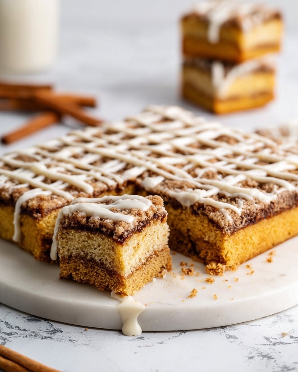 The image shows a thick square cake cut into pieces on a round white marble board. The cake has three visible layers: a golden yellow base layer, a thin dark brown middle layer, and a top crumbly brown layer covered with a white icing drizzle in a grid pattern. Two pieces are separated from the main cake, showing the soft texture inside. The white icing also slightly drips down the side of the cake. The background is a white marbled texture with blurred cinnamon sticks and a single cake piece in the distance. Photo taken with an iphone --ar 4:5 --v 7