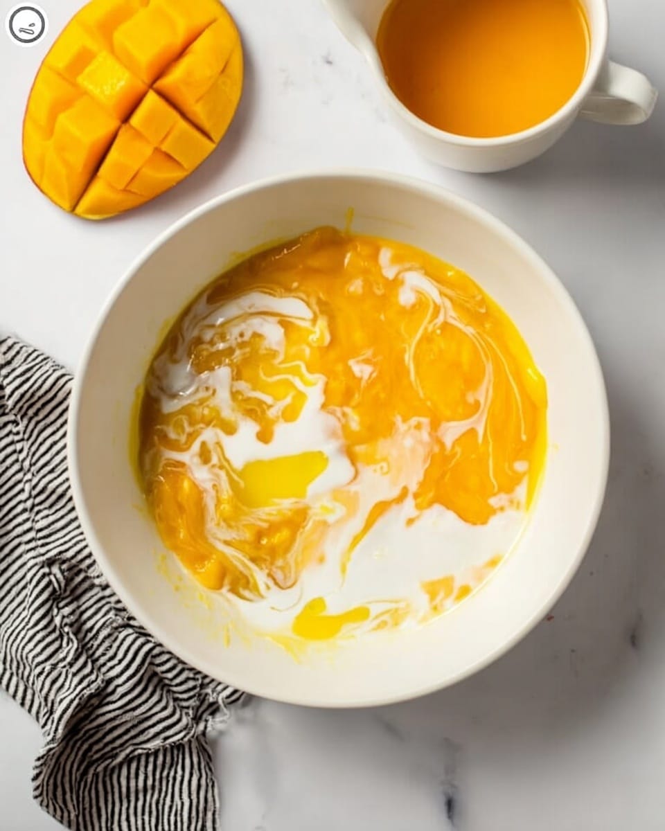 A white bowl on a white marbled surface holds a mix of bright orange mango puree and white cream swirled together with some yellow liquid, likely egg yolk, creating a creamy, layered look. To the side, there is a white cup filled with more bright orange mango puree, a half mango showing the yellow-orange flesh, and a black and white striped cloth partly visible under the bowl. The colors are vibrant with a fresh and smooth texture contrast between the puree, cream, and egg yolk. Photo taken with an iphone --ar 4:5 --v 7