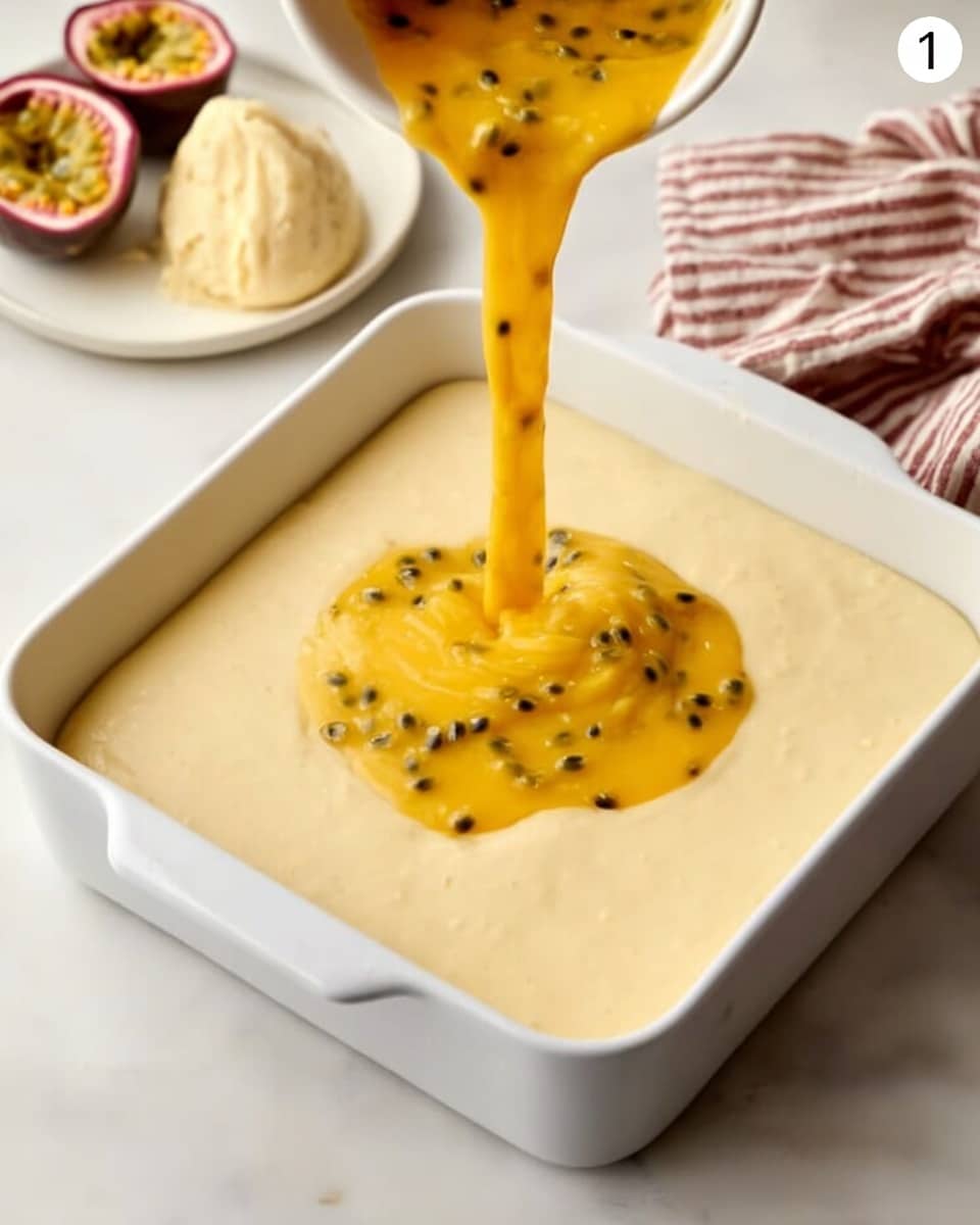 A white square baking dish filled with a smooth, pale beige batter, with a woman's hand pouring a thick, bright yellow mixture with visible dark seeds from a small bowl into the center of the batter. In the background, there is a white plate with a scoop of the yellow mixture and a halved passion fruit on the white marbled surface, along with a striped cloth nearby. The scene is bright and clear, focusing on the contrast between the pale batter and the vibrant yellow topping. photo taken with an iphone --ar 4:5 --v 7