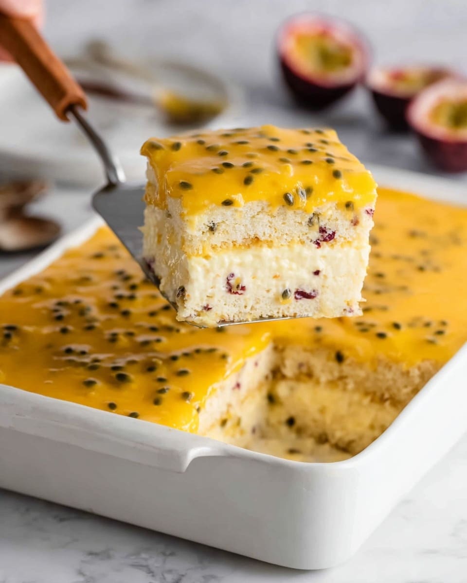 A white rectangular dish filled with a three-layer dessert. The bottom and middle layers are a light beige cake soaked softly, showing a moist texture. Between these cake layers is a creamy, light yellow filling with small black seeds scattered through it. The top layer is a smooth, vibrant yellow sauce with visible black passion fruit seeds spread evenly, covering the whole dessert. A woman's hand is holding a metal spatula with a wooden handle, lifting a square piece of this dessert from the dish. The background consists of a white marbled surface with partially blurred passion fruits and a spoon. Photo taken with an iphone --ar 4:5 --v 7