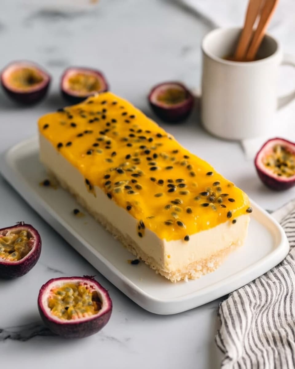 The image shows a rectangular dessert with two distinct layers placed on a white rectangular plate on a white marbled surface. The bottom layer is thick, cream-colored, and smooth with a soft texture, while the top layer is bright yellow with black seeds evenly spread throughout, giving it a slightly bumpy look. Around the dessert, there are halves of passion fruits with bright yellow seeds inside, and a woman's hand is holding a white cup with wooden utensils near the dessert. A striped cloth is partially visible next to the plate. photo taken with an iphone --ar 4:5 --v 7